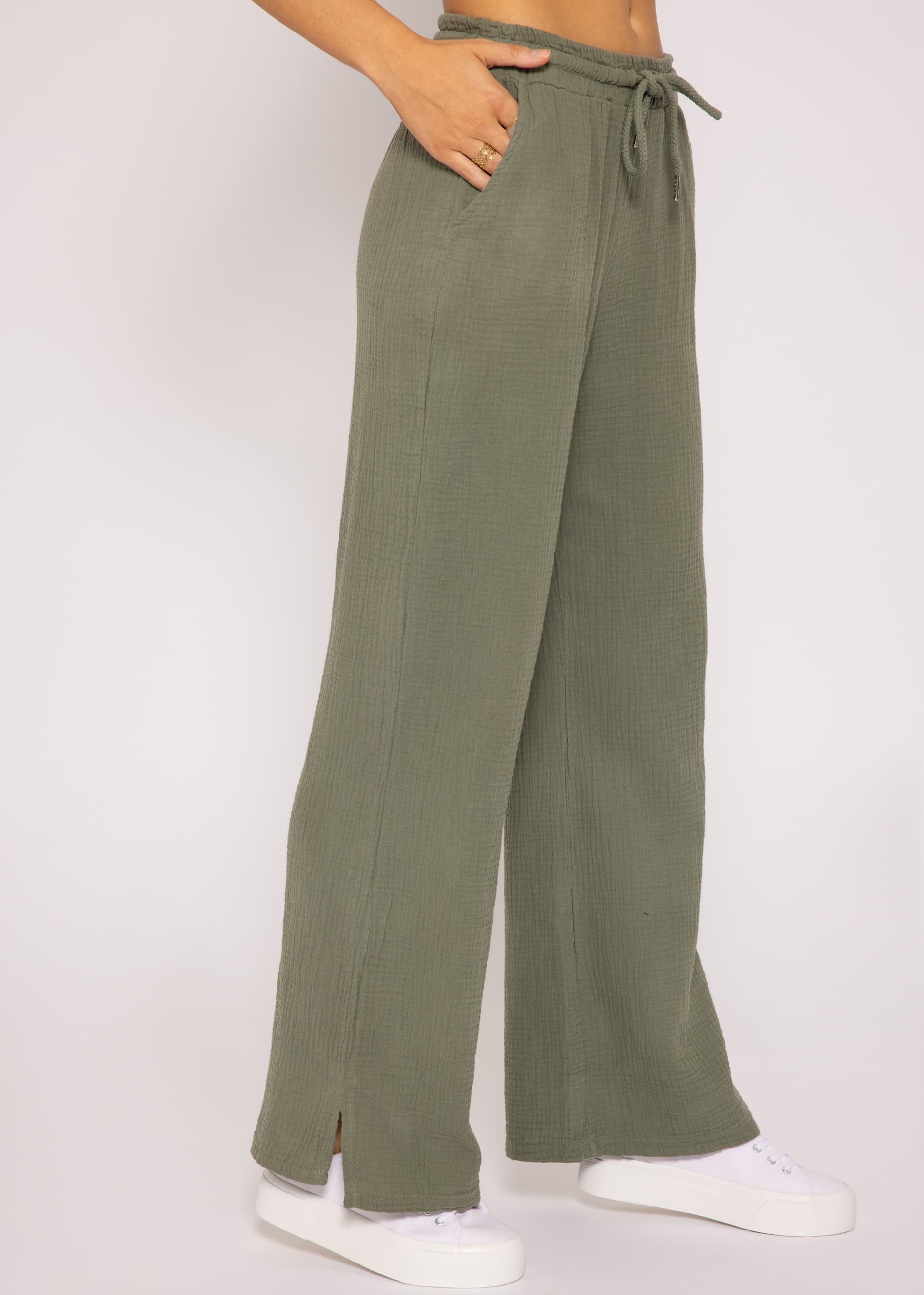 Sommer % Lang (Musselin), leicht Hose Musselin sehr SASSYCLASSY Stoffhose Khaki atmungsaktiv, 100 Baumwolle Damen