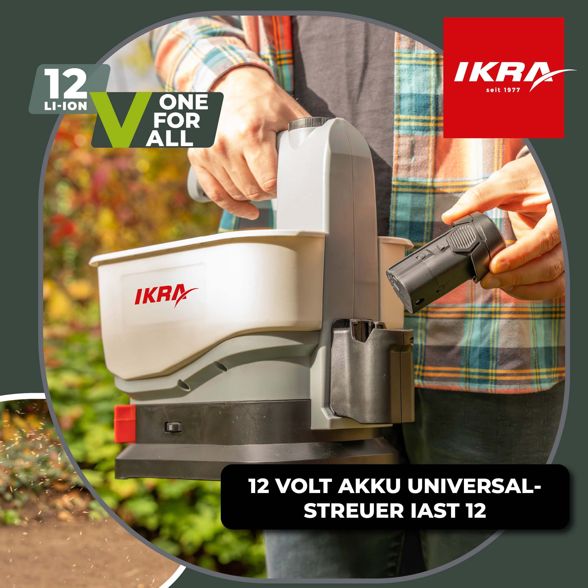 ikra GmbH Streuwagen IAST 12, 4,5 l Füllmenge, (mit Akku & Ladergerät), universaler 12V Akku Handstreuer für Dünger, Saatgut und Streusalz – Bild 3 von 5
