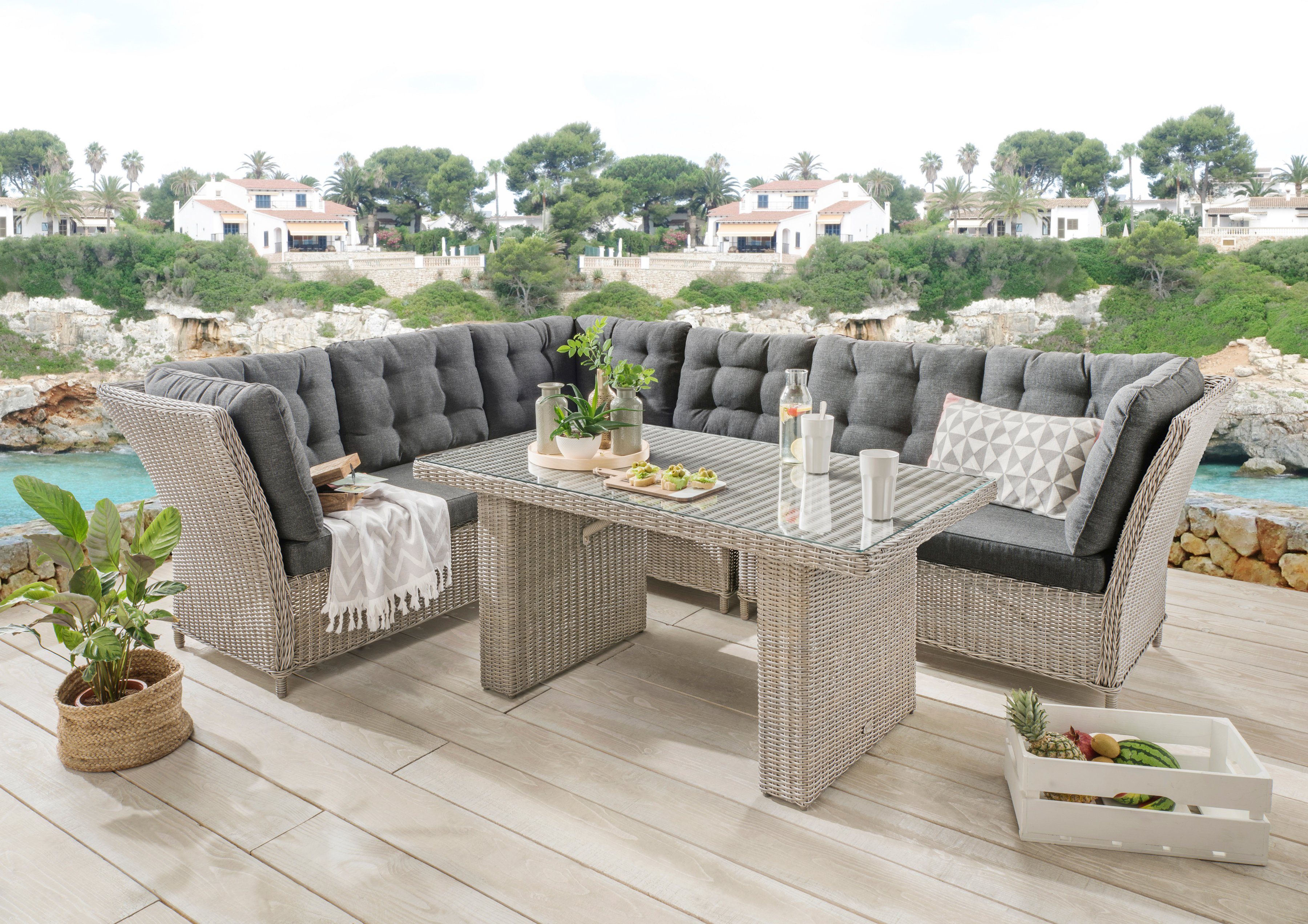 Destiny Garten-Essgruppe PALMA, (19-tlg., 2x Schenkel, 1x Eckmodul, 1x Singlemodul, 1x Tisch, inkl. Auflagen), Aluminium, Polyrattan