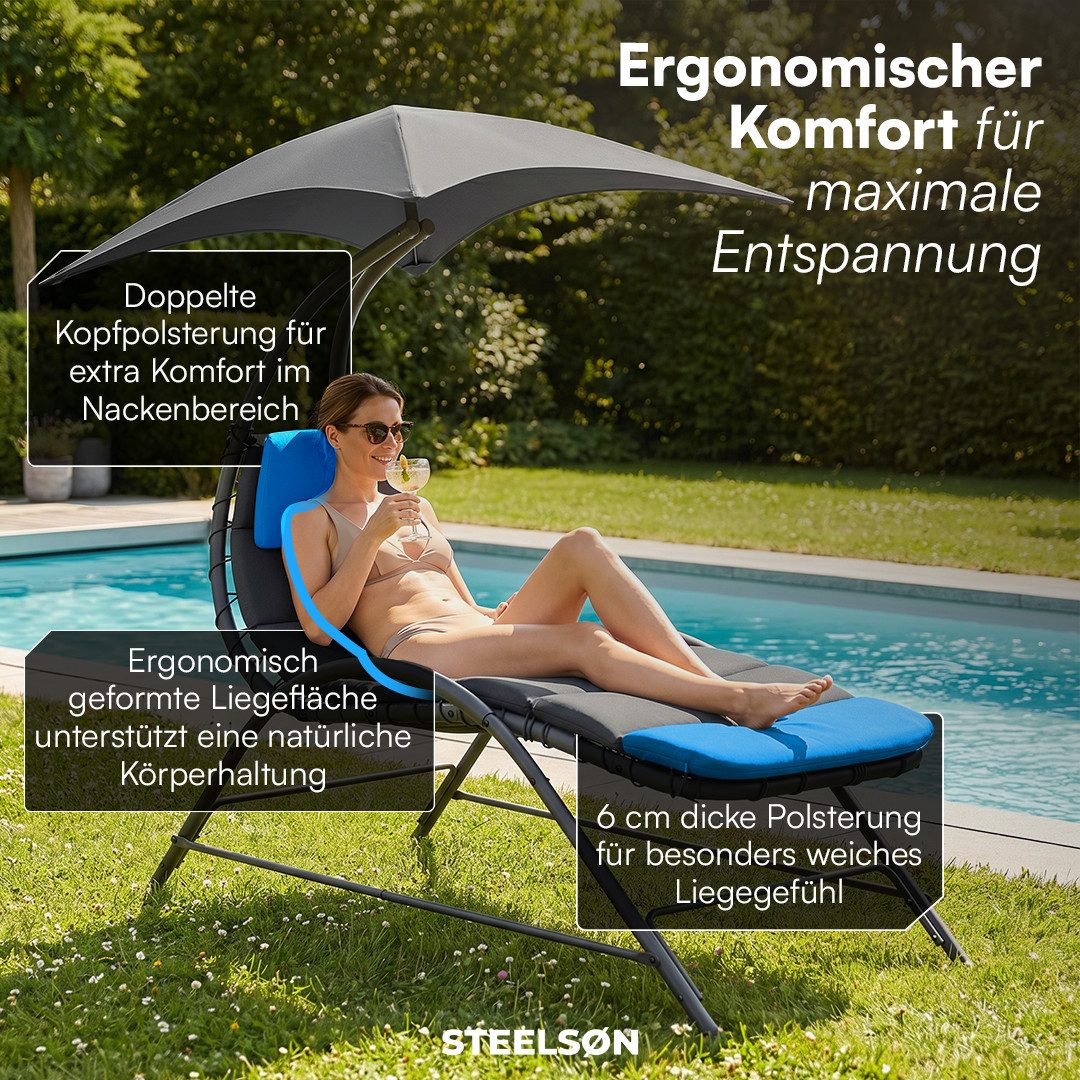 STEELSØN Gartenliege Nyria Sonnenliege mit Sonnendach, anthrazit, Liegestuhl mit Kissen, wetterfest, Relaxliege bis 120kg, Stahlgestell