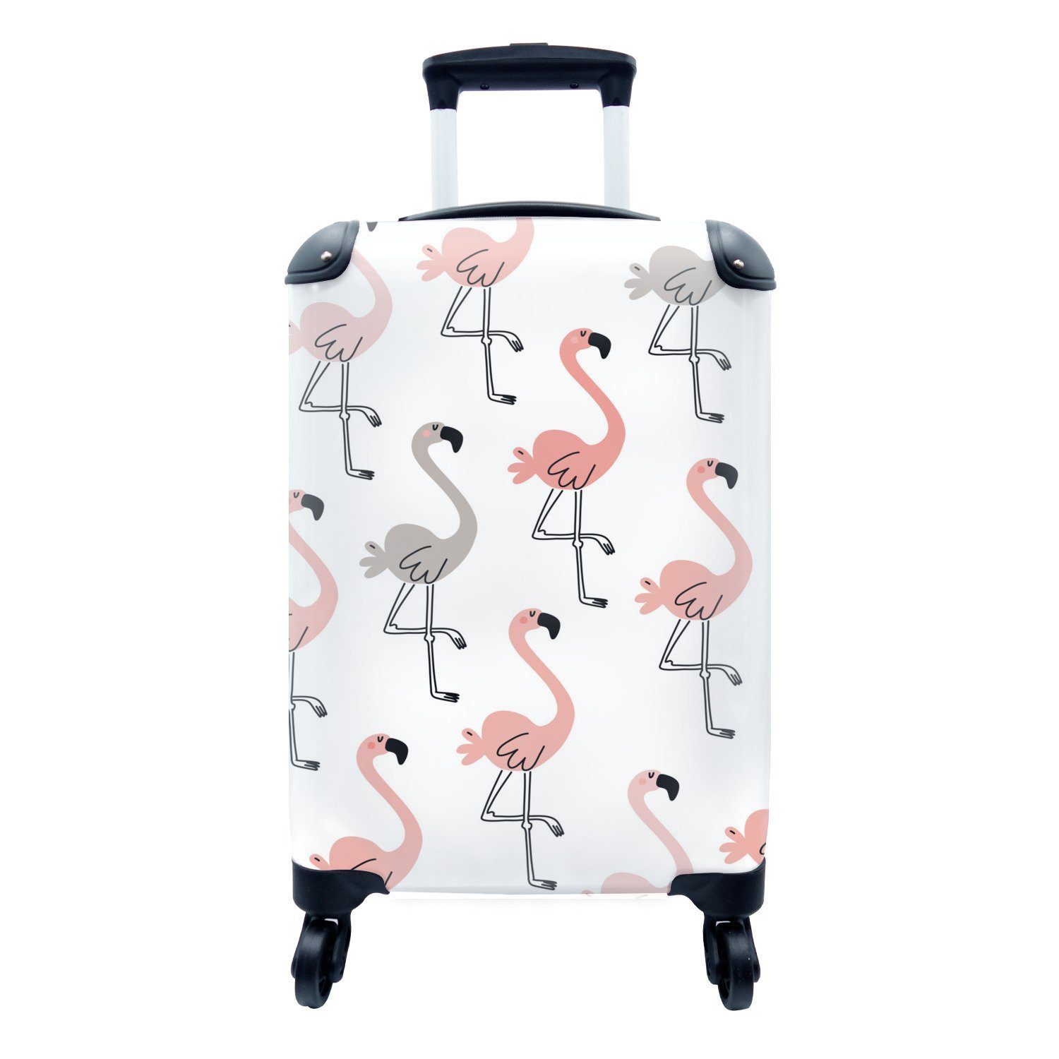 MuchoWow Handgepäckkoffer Flamingos - Rosa - Grau - Illustration - Kinder, 4 Rollen, Reisetasche mit rollen, Handgepäck für Ferien, Trolley, Reisekoffer