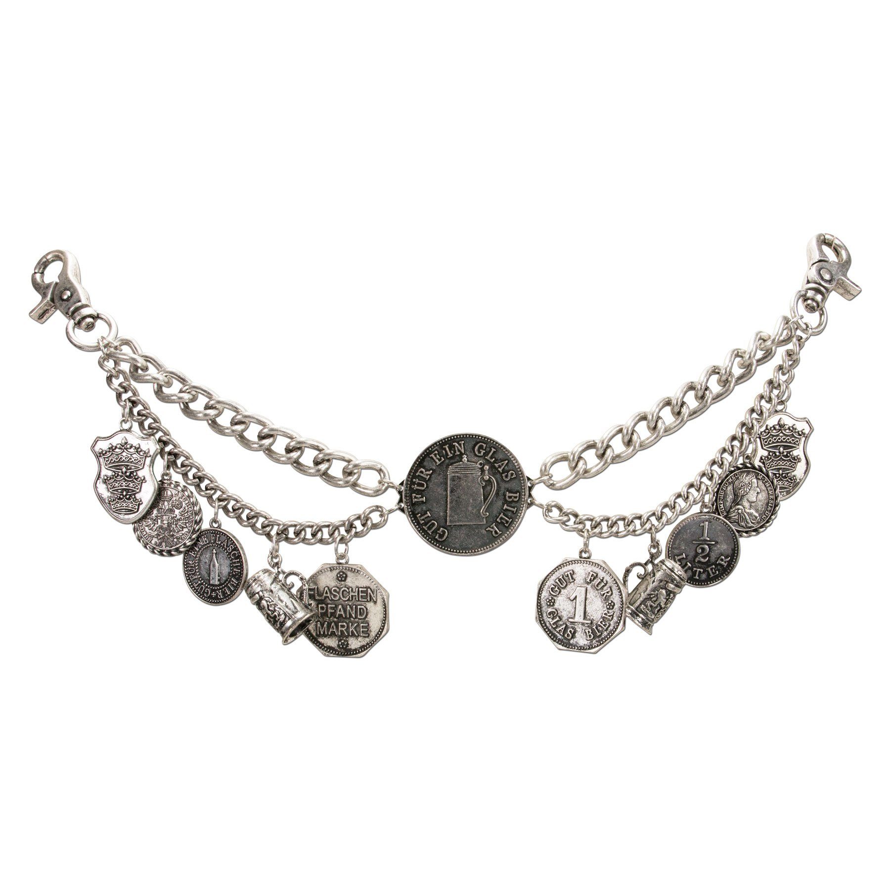 Alpenflüstern Kette mit Anhänger Trachten-Charivari Biermarken (antik-silber-farben), - Hochwertiger Herren-Trachtenschmuck mit Biermünz-Anhängern für die L
