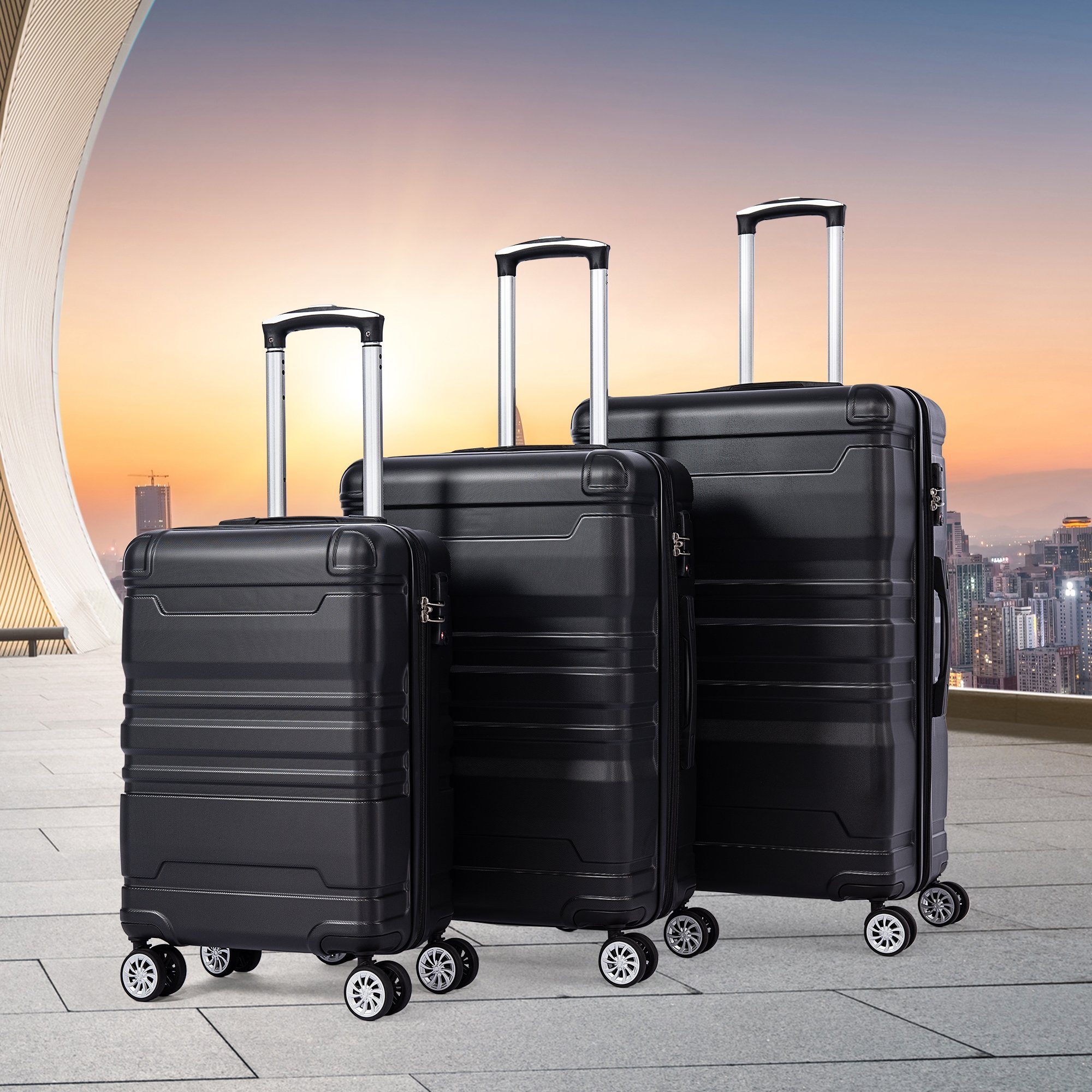 Flieks Trolley, 4 Rollen, 3er Set Hartschalen TSA-Schloss Schwenkrolle M+L+XL Schwarz