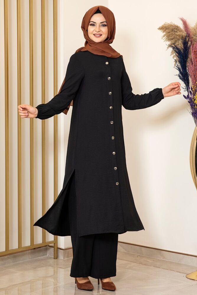Damen Modavitrini Aerobin Anzug Schwarz Stoff Lange Hose Longtunika Knöpfe, Kleidung Tunika Hijab Zweiteiler mit