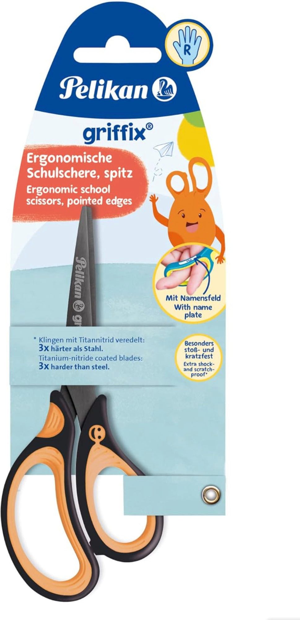 Idena Bastelscheren Pelikan Schulschere griffix spitz Rechtshänder 15 cm neon black