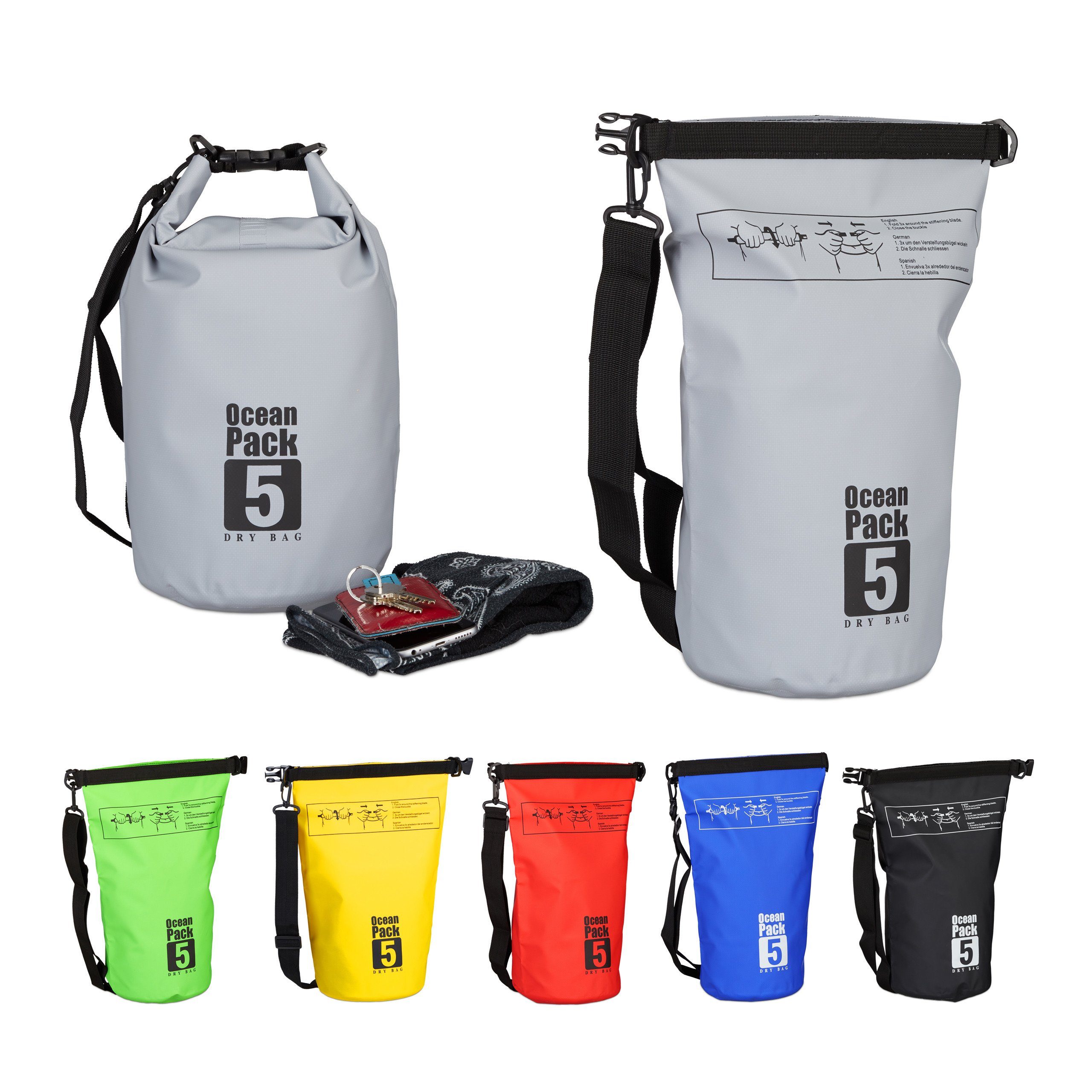 relaxdays Packsack Ocean Pack 5L wasserdicht, Dunkelgrau Grau Schwarz