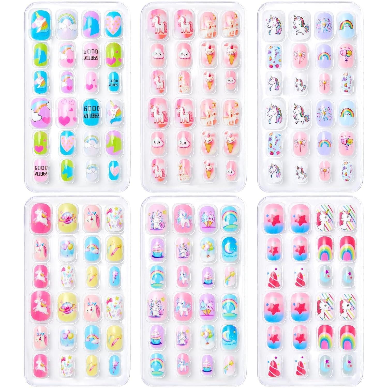 LuxusKollektion Kunstfingernägel Falsche Nägel 144 Kinder Jellykleber 6 Designs Mädchen Colorful Set H