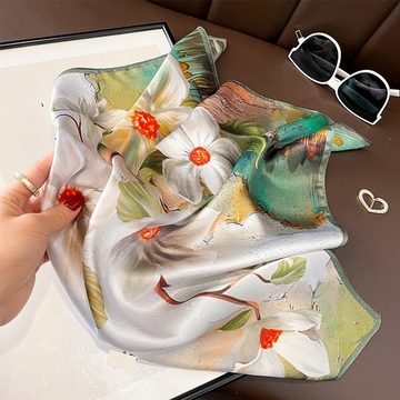 YRIIOMO Seidentuch Grüner Schal mit Blumenmuster, dekorativer All-Match-Schal für Damen, kleiner quadratischer Schal,53*53cm