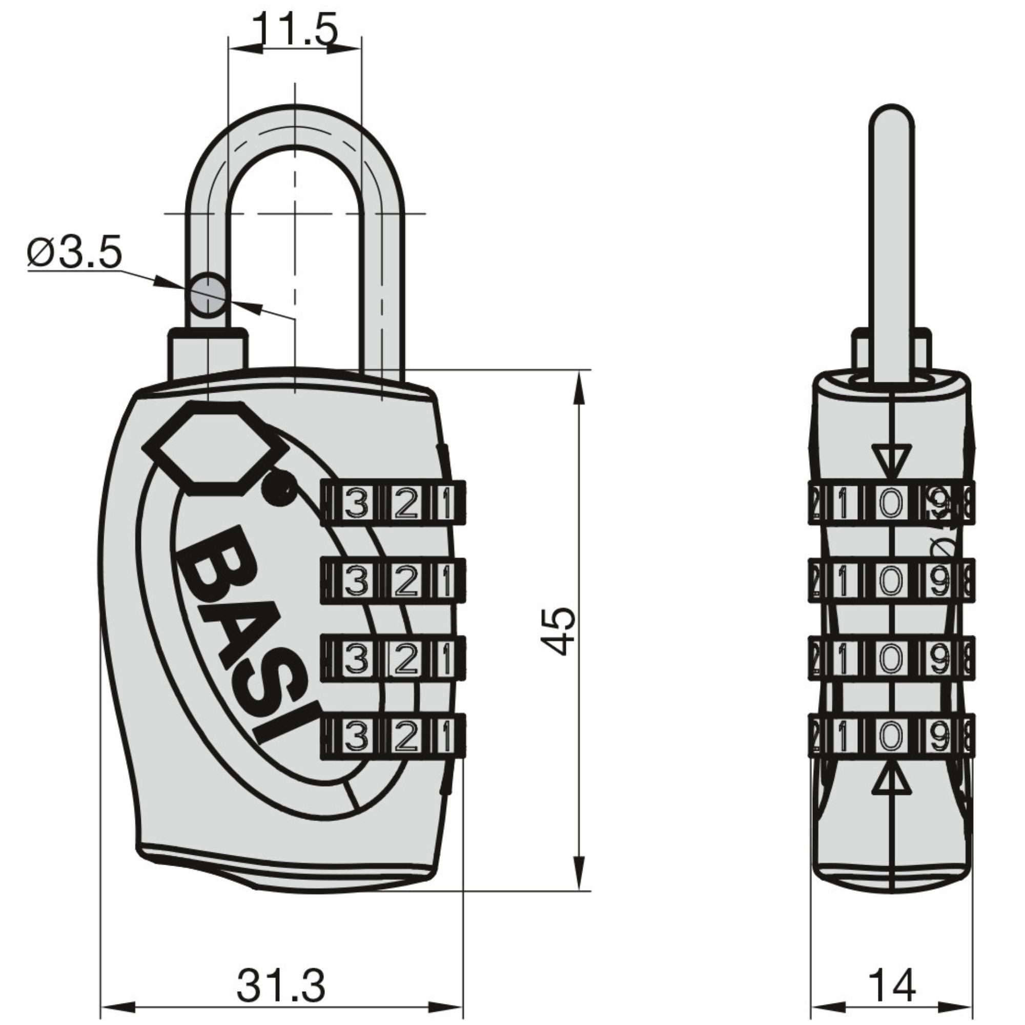 BASI Vorhängeschloss Kofferschloss, (Packung, 1-tlg), Zahlencode 4-stellig, Breite 37 mm, Stahlbügel