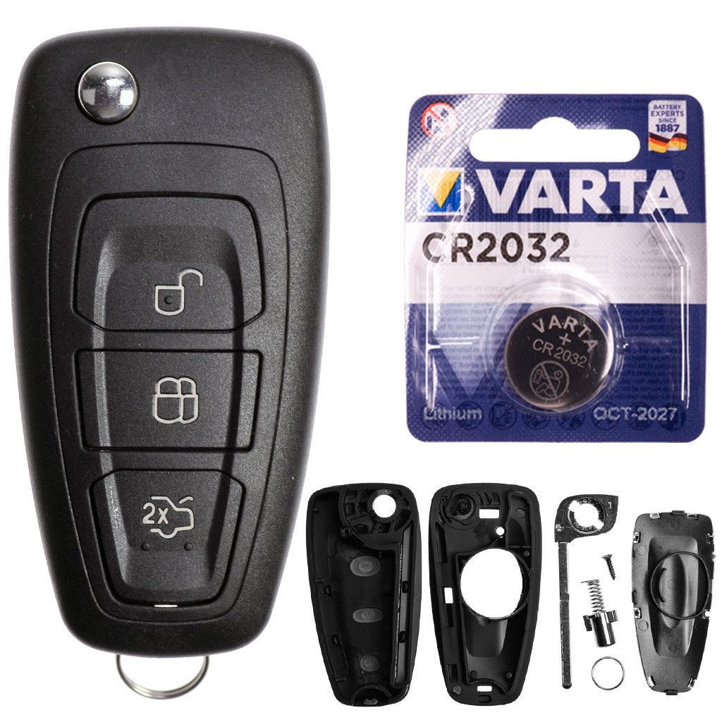 mt-key Auto Klapp Schlüssel Gehäuse 3 Tasten + HU101 Rohling + VARTA CR2032 Knopfzelle, CR2032 (3 V), für Ford Transit Focus III Galaxy II Fiesta Funk Fernbedienung
