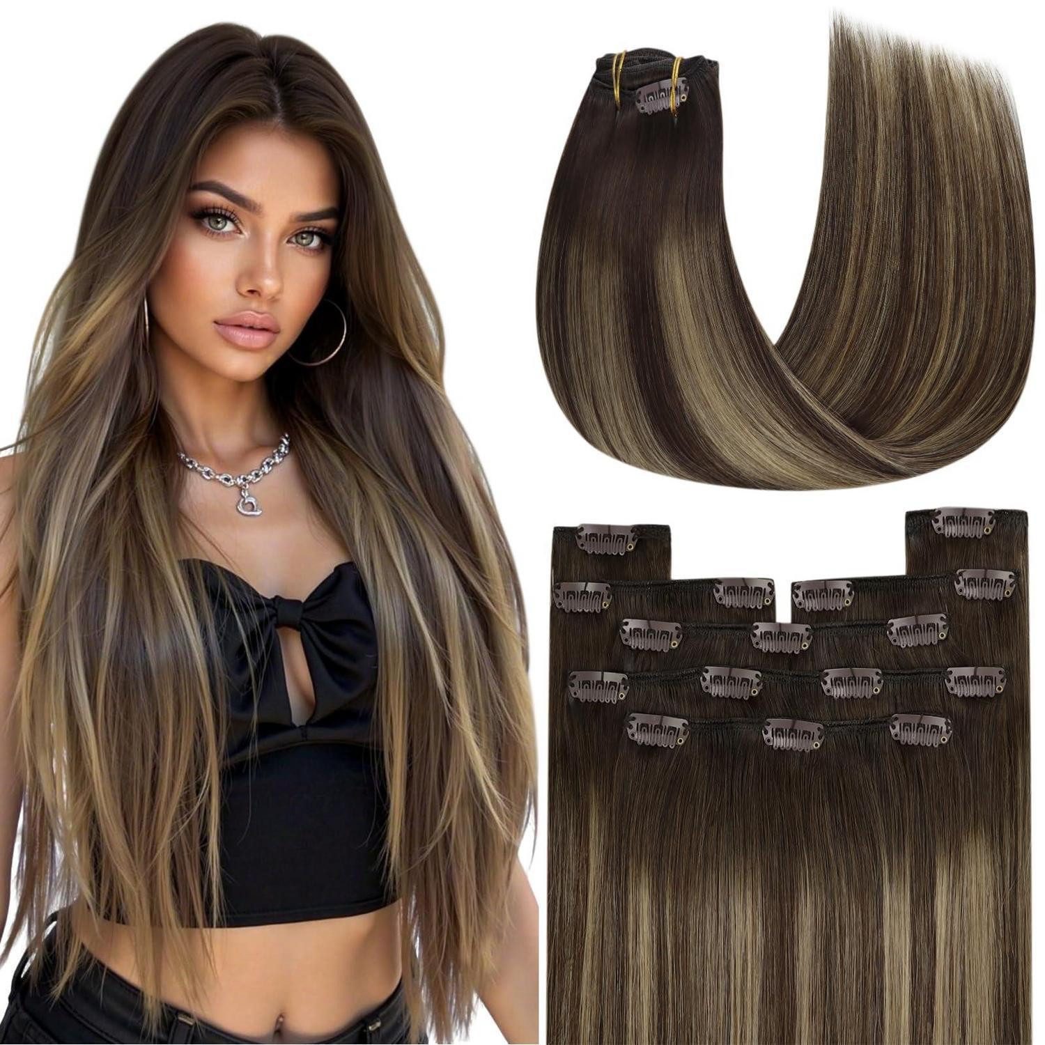 Echthaar-Extension Clip in Extensions Echthaar Remy Ombre 1-Clip-4-#4 27 4 50 cm-120g