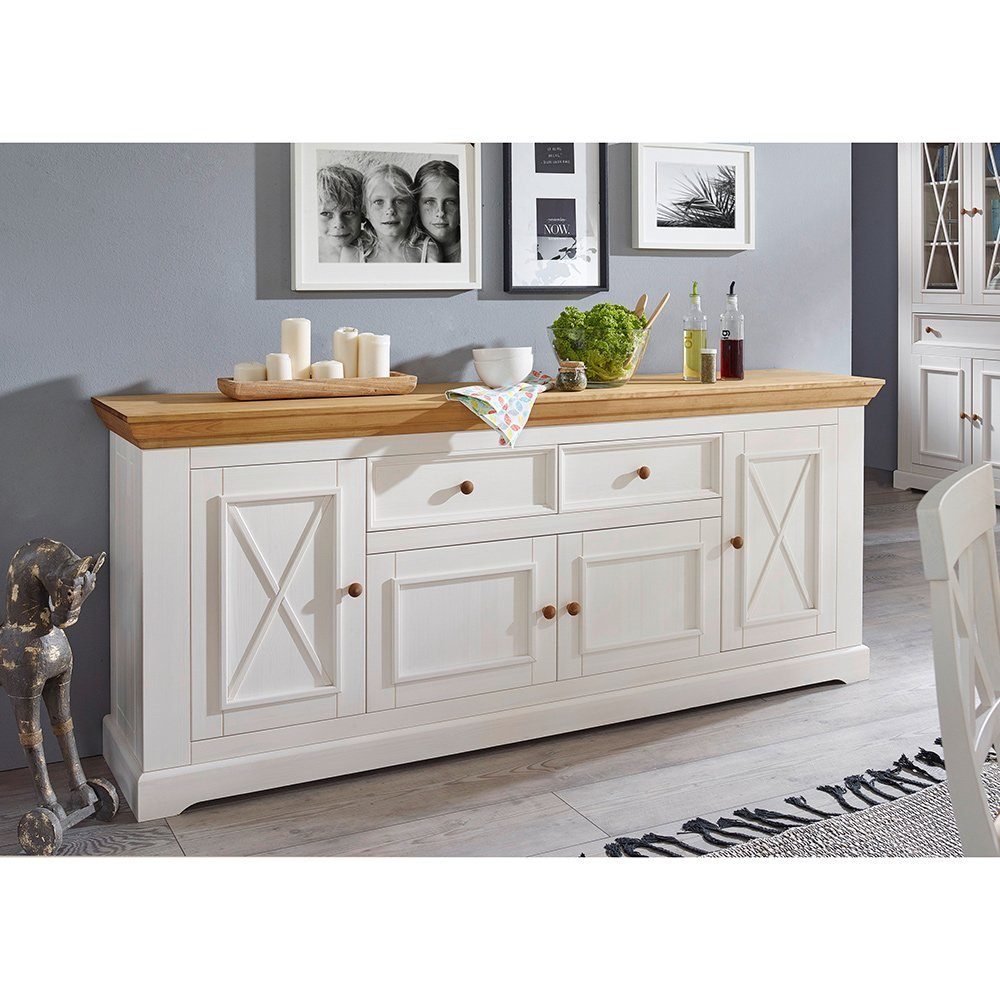 Lomadox Sideboard WARNA-69, in Kiefer weiß mit Eiche Massivholz Landhaus, B/H/T ca. 209/88/42 cm