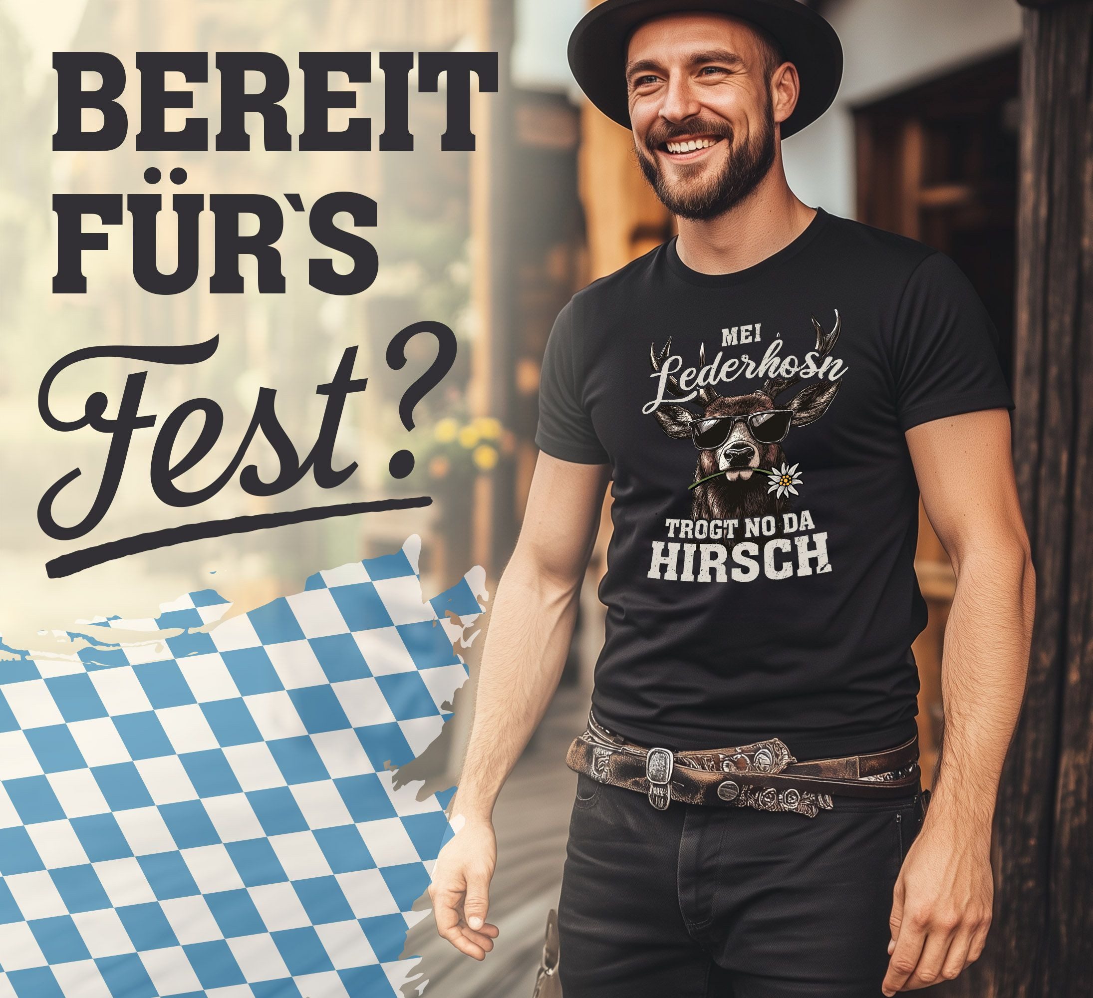 MoonWorks Print-Shirt Herren T-Shirt Tracht Hirsch Lederhose Pirsch Fun-Shirt Spruch lustig mit Print – Bild 5 von 5