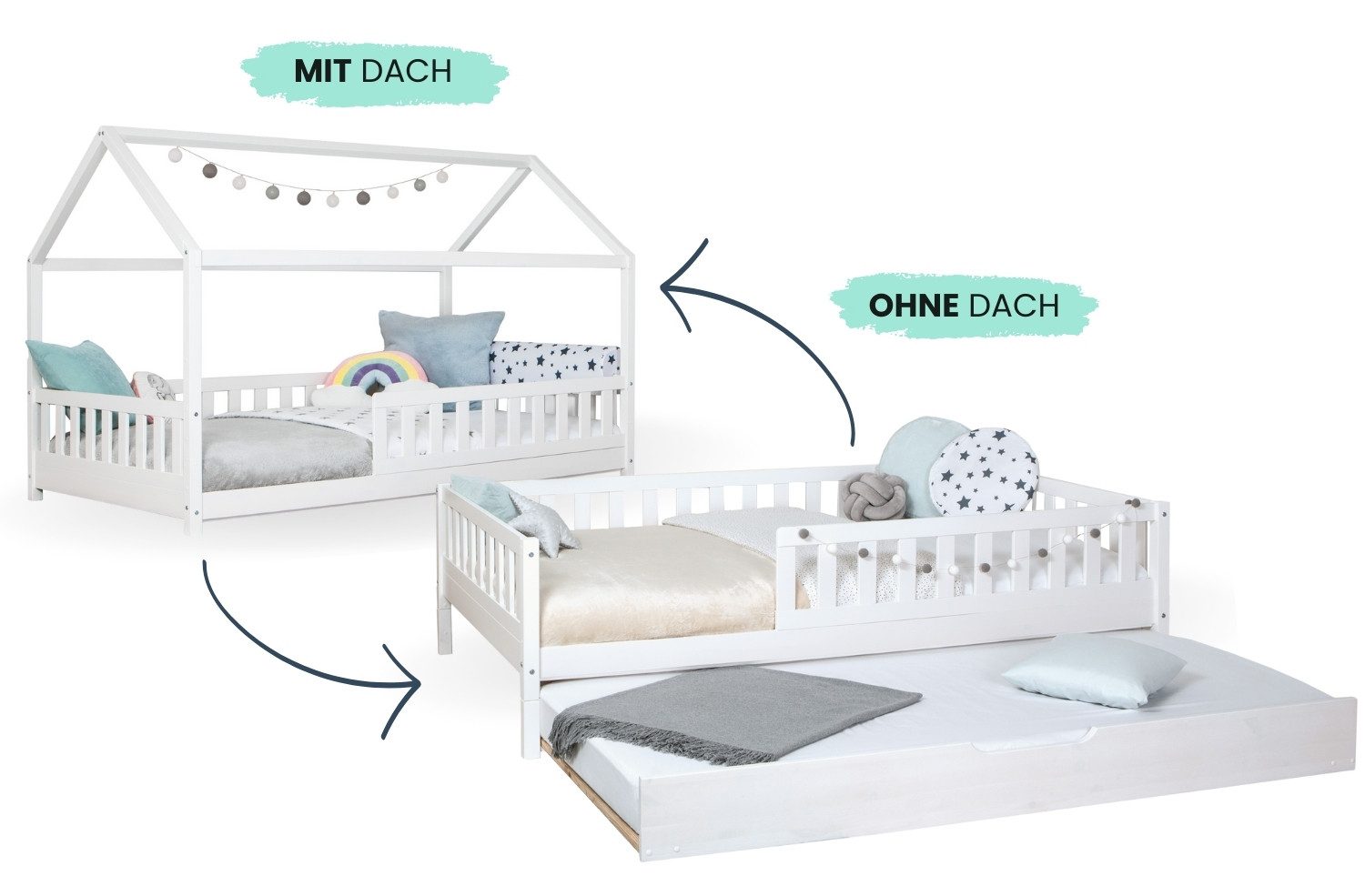 Ticaa Hausbett Duo mit Rausfallschutz und Zusatzbett aus Kiefer, Bodenbett 90x200, inkl. abnehmbarem Dach, mit Rollrost