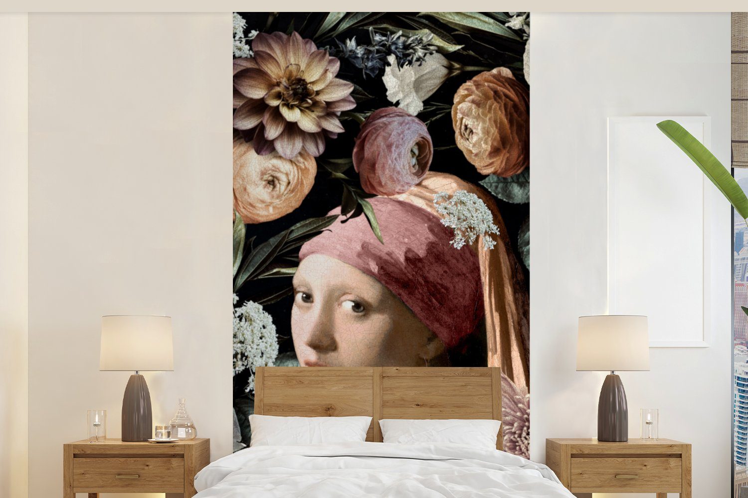 MuchoWow Fototapete Mädchen mit Perlenohrring - Blumen - Vermeer - Pastell - Kunstwerk -, Matt, bedruckt, (2 St), Vliestapete für Wohnzimmer Schlafzimmer Küche, Fototapete