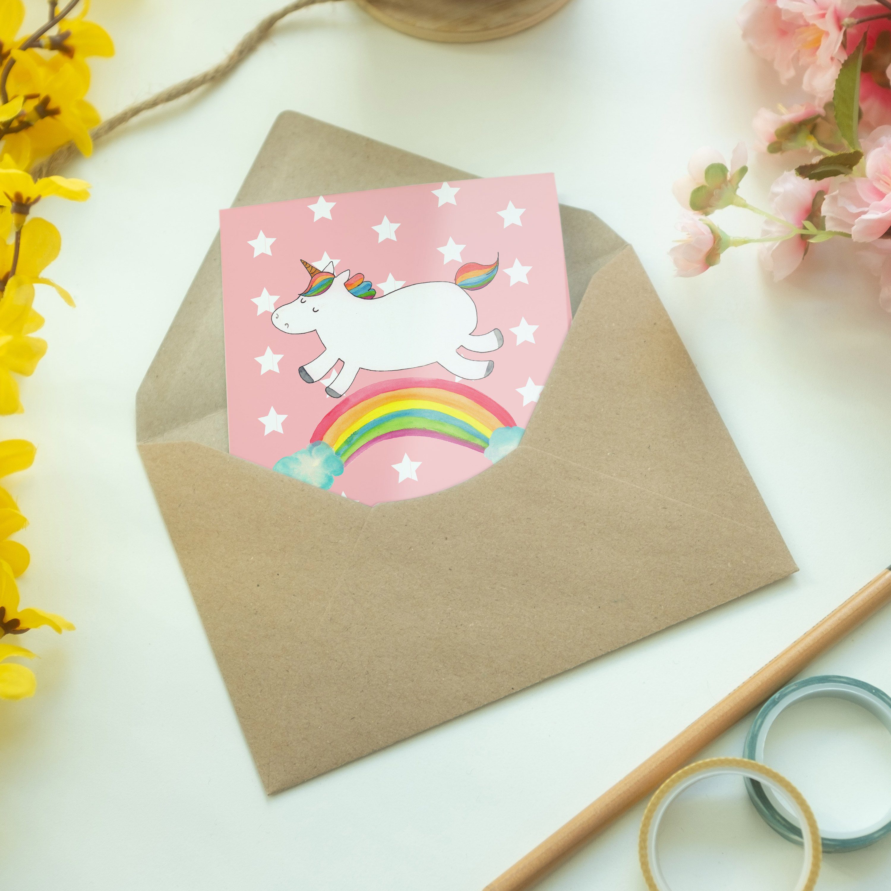 Einhorn & Klappkar Mr. Mrs. Rot - Regenbogen Pastell Geschenk, Panda - Grußkarte Hochzeitskarte,