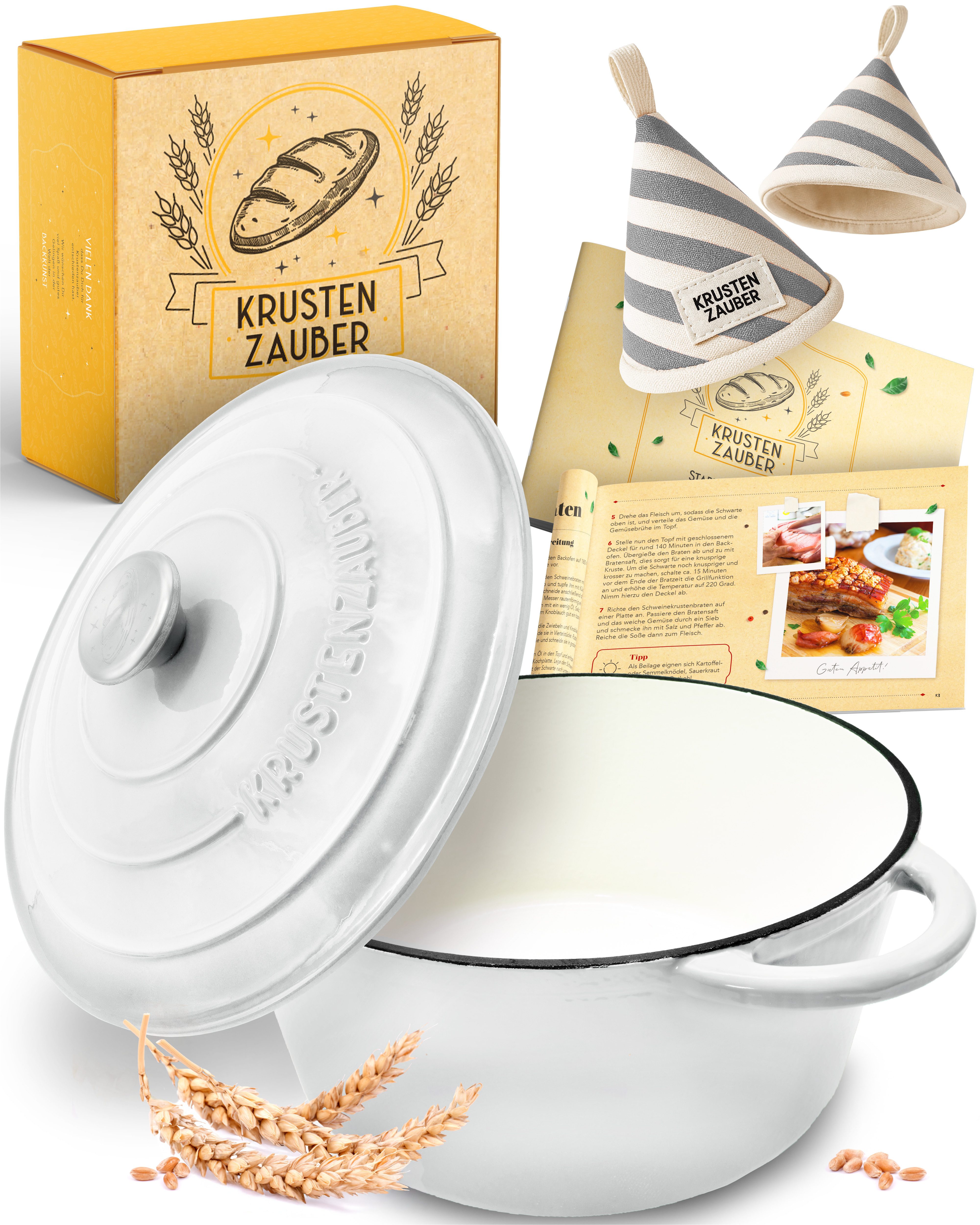 Krustenzauber Kasserolle Gusseisen Topf als Kochtopf, Schmortopf oder Brotbackform