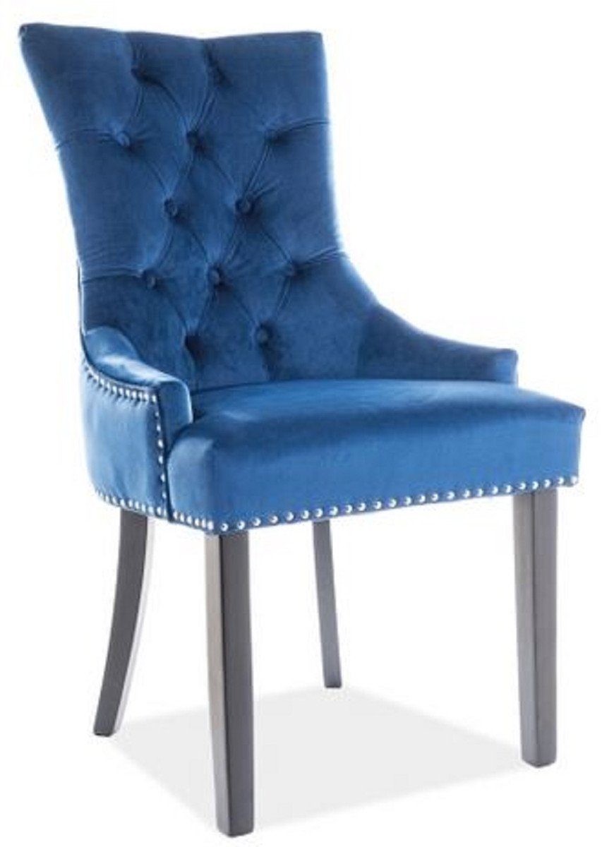 Casa Padrino Esszimmerstuhl Luxus Chesterfield Esszimmerstuhl Blau / Silber / Schwarz 55 x 45 x H. 99 cm - Küchenstuhl mit Samtstoff - Esszimmer Möbel | Stühle