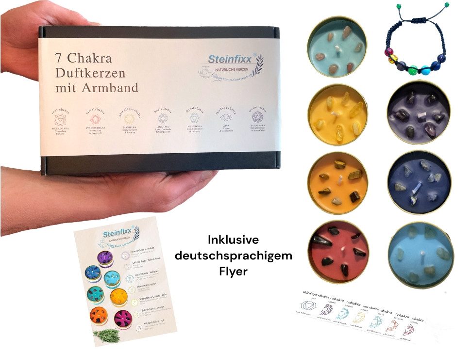 Steinfixx® Duftkerze Sieben Chakra Edelstein Duftkerzen Geschenkset mit Armband (Geschenkset mit Überraschung, 8-tlg., Handmade für Achtsamkeit und Entspannung), in Geschenkbox mit deutscher Erklärung