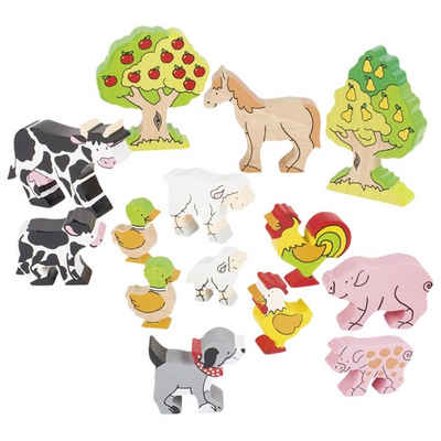 goki Spielfigur Bauernhoftiere bunt Holztiere Spieltiere 14 Teile, 9,3 cm, (Set, 14-tlg., 1), Bauernhoftiere H= 2,5 - 11,5 cm