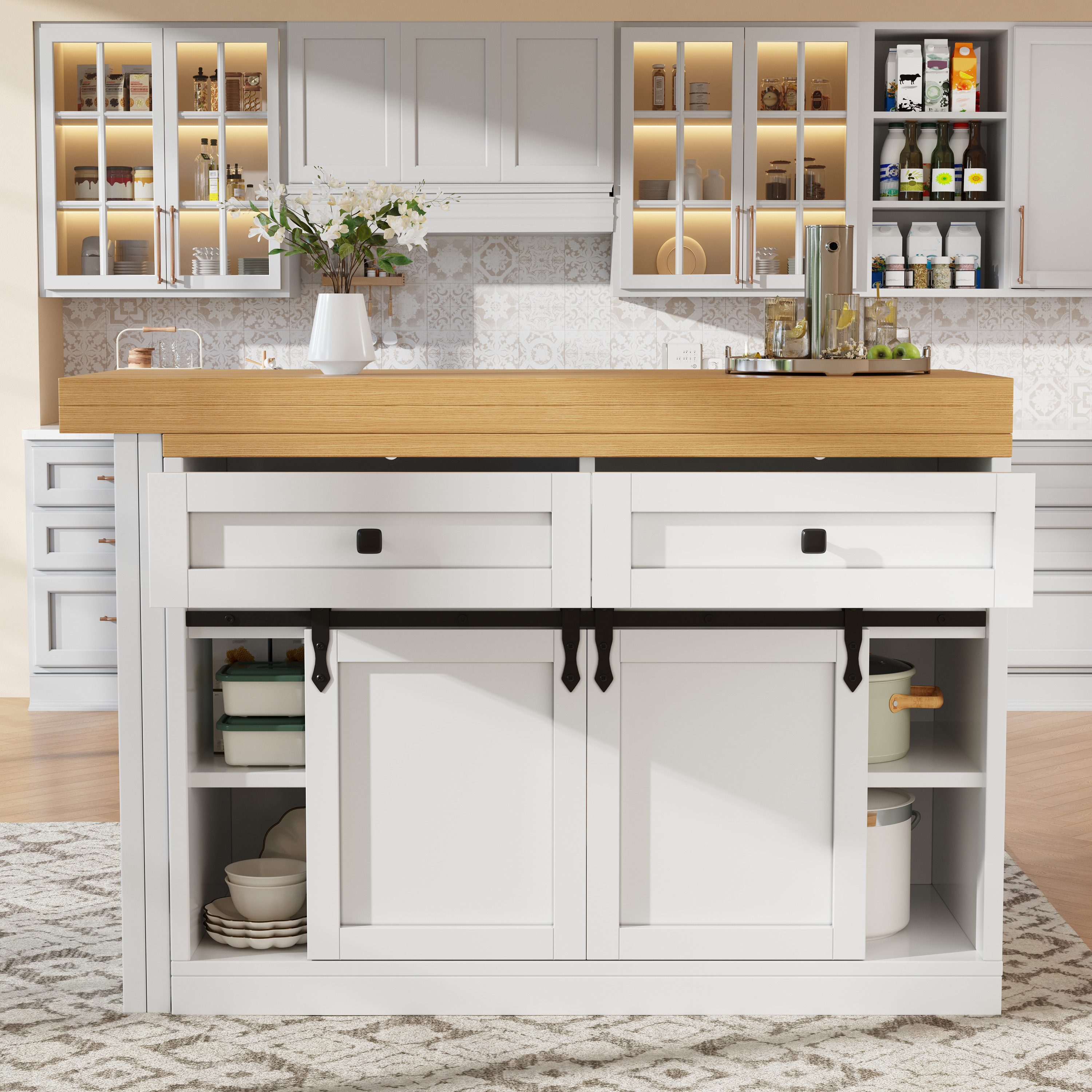 Flieks Kücheninsel mit Arbeitsplatte Holzoptik, Schiebetüren, 360° drehbar&klappbar Tisch, (verstellbare Länge 120-197/T40-80/H73.5 cm), Esstisch & Küchenschrank mit Schubladen, verstellbare Ablagen Weiß