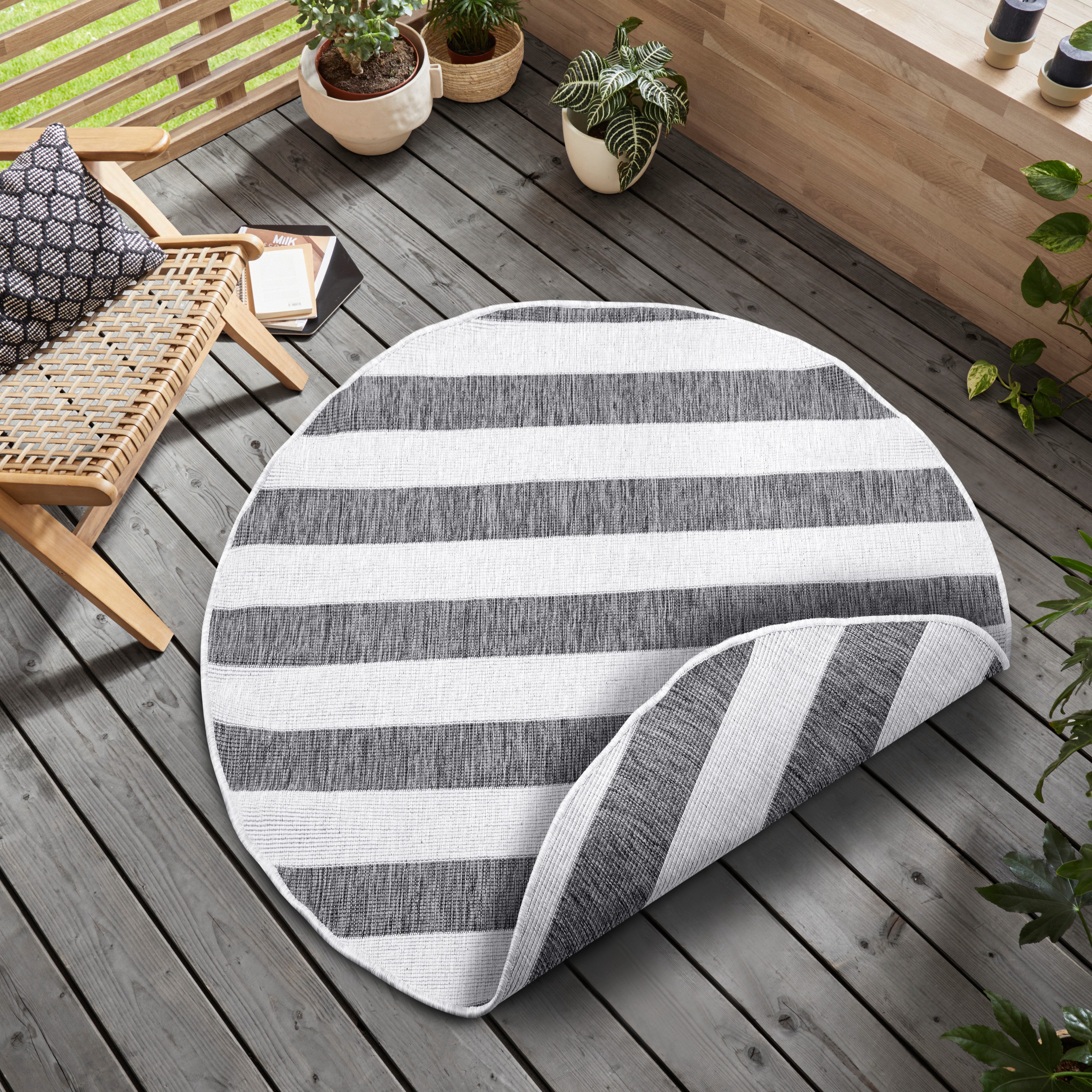 OTTO home Teppich Alan Wendeteppich, rund, Höhe: 5 mm, Beidseitig nutzbar, Streifen, Scandi, wetterfest, für In- und Outdoor