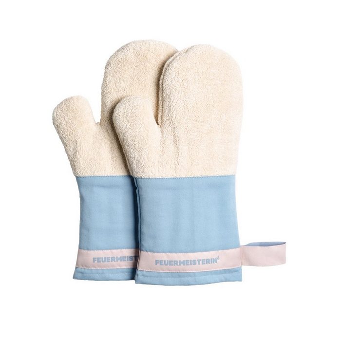 Feuermeisterin Topfhandschuhe Premium Textil Back- und Kochhandschuhe blaue Stulpe/rosa Band Paar (2-tlg)