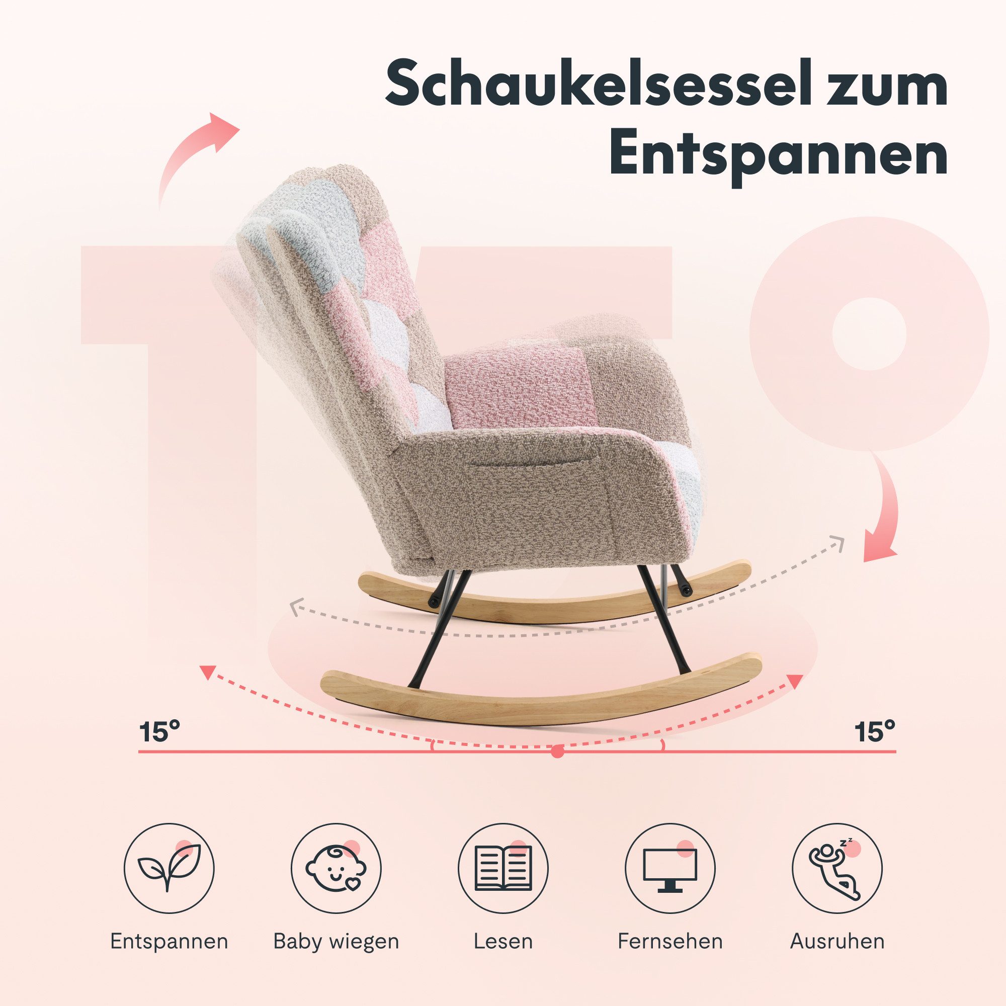 FLEXISPOT Schaukelstuhl mit Hoher Rückenlehne & Fußstütze, Relaxsessel, Schaukelsessel (Moderner Schwingsessel mit Holzkufen, mit Seitentasche), Gepolsterter Relaxsessel für Wohnzimmer & Schlafzimmer