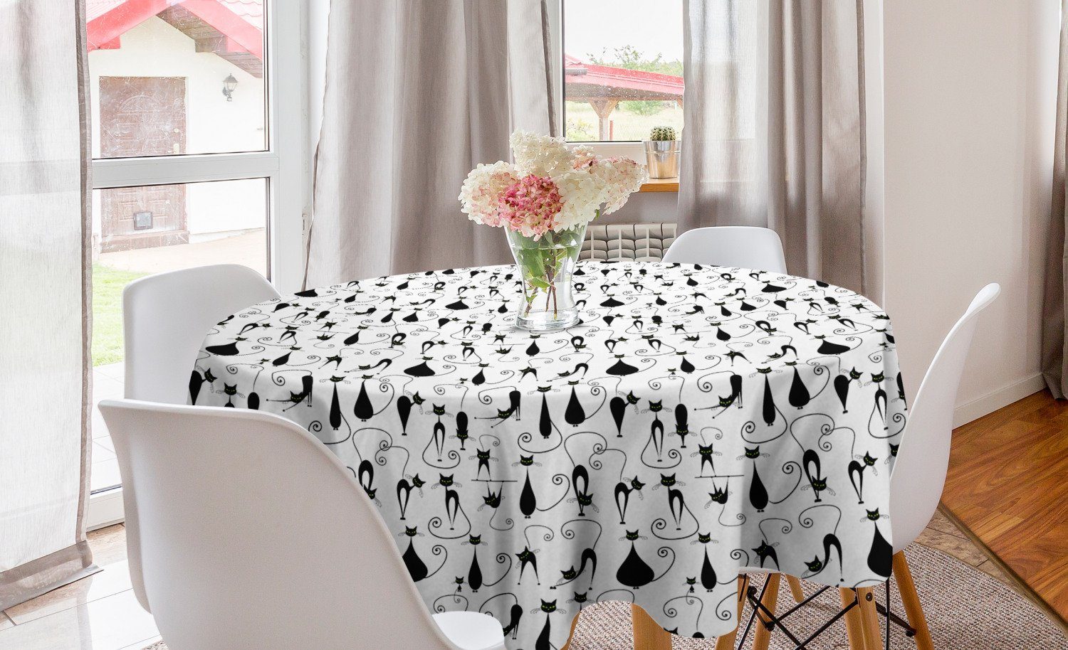 Abakuhaus Tischdecke Kreis Tischdecke Abdeckung für Esszimmer Küche Dekoration, Cat Lover Schwarz Gefärbte Tiere Motiv