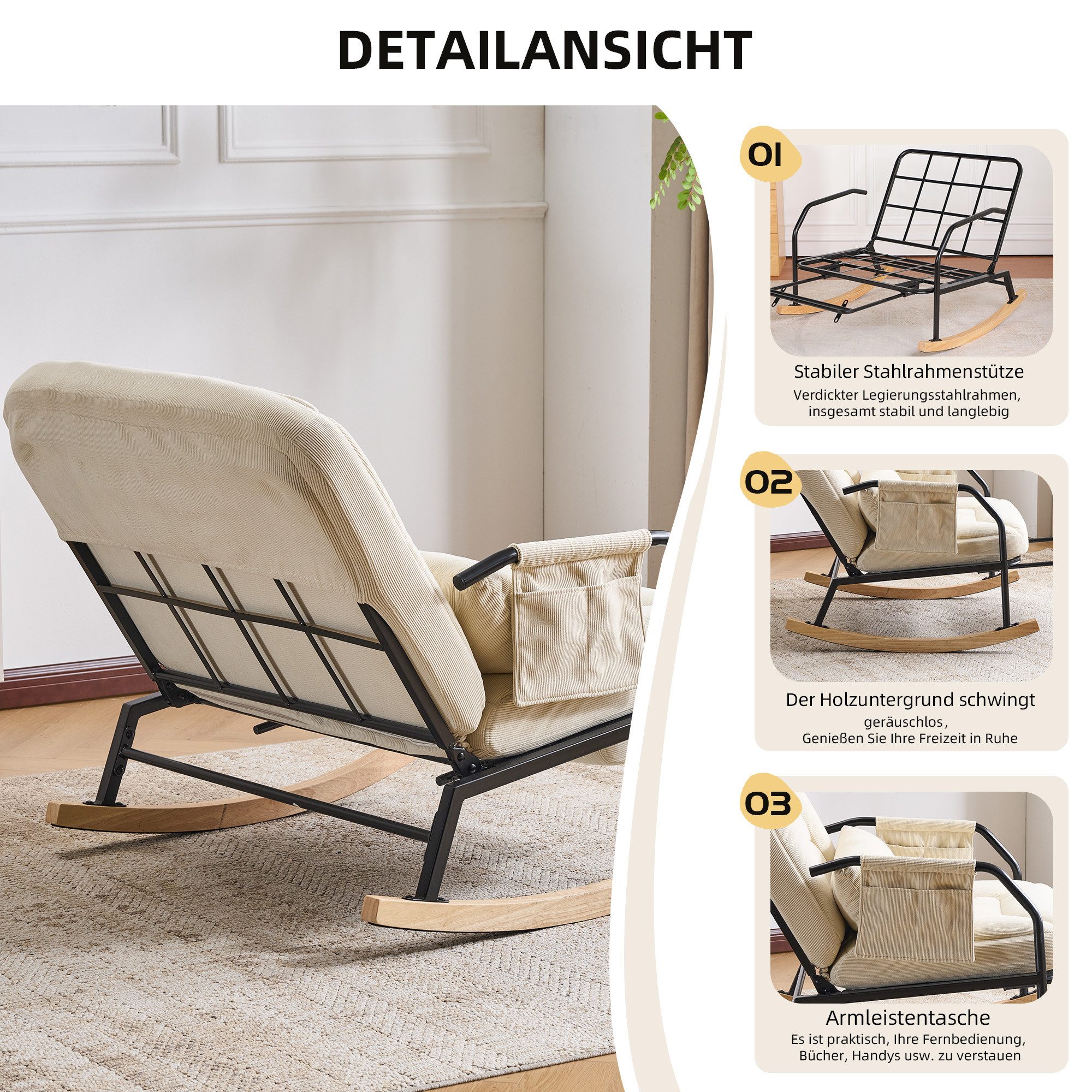 Vankel Schaukelstuhl Wohnzimmer mit Hocker & gepolstertem Kissen Cord, Großer Relax Schaukelstuhl mit Liegefunktion Cord