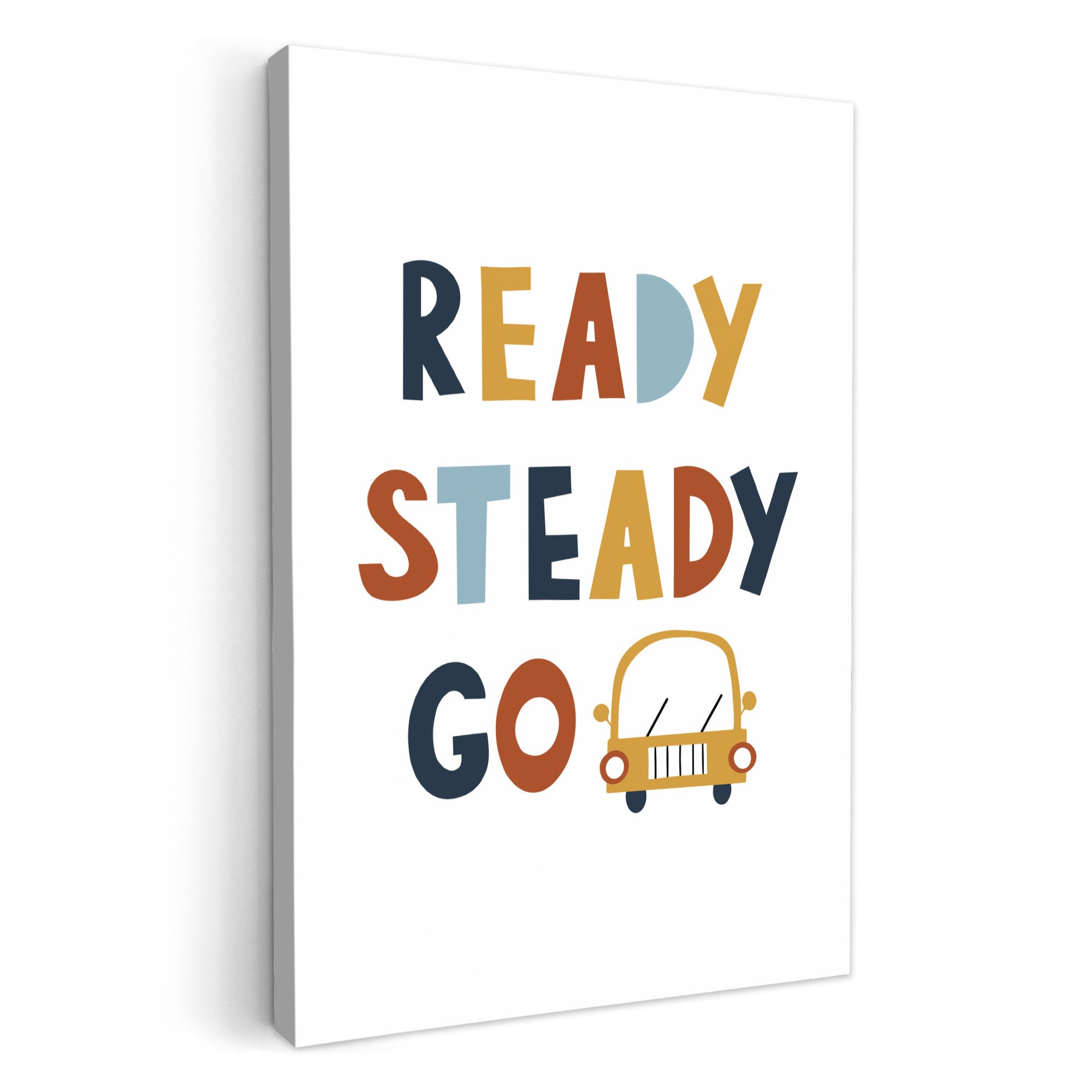 OneMillionCanvasses® Leinwandbild Kinder - Auto - Weiß - Zitat - Ready Steady GO, Fotodruck (1 St), Kinderzimmer Deko, Mädchen und Jungen Bilder 20x30 cm