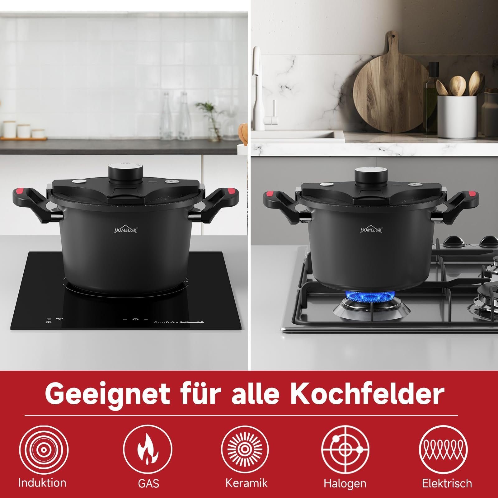 Тенджера под налягане HOMELUX Енергоспестяваща тенджера &Oslash; 24 см тенджера с ниско налягане 5.5L тенджера, алуминиева (подходяща за всички видове печки, енергийно ефективна и бърза), подходяща за индукция