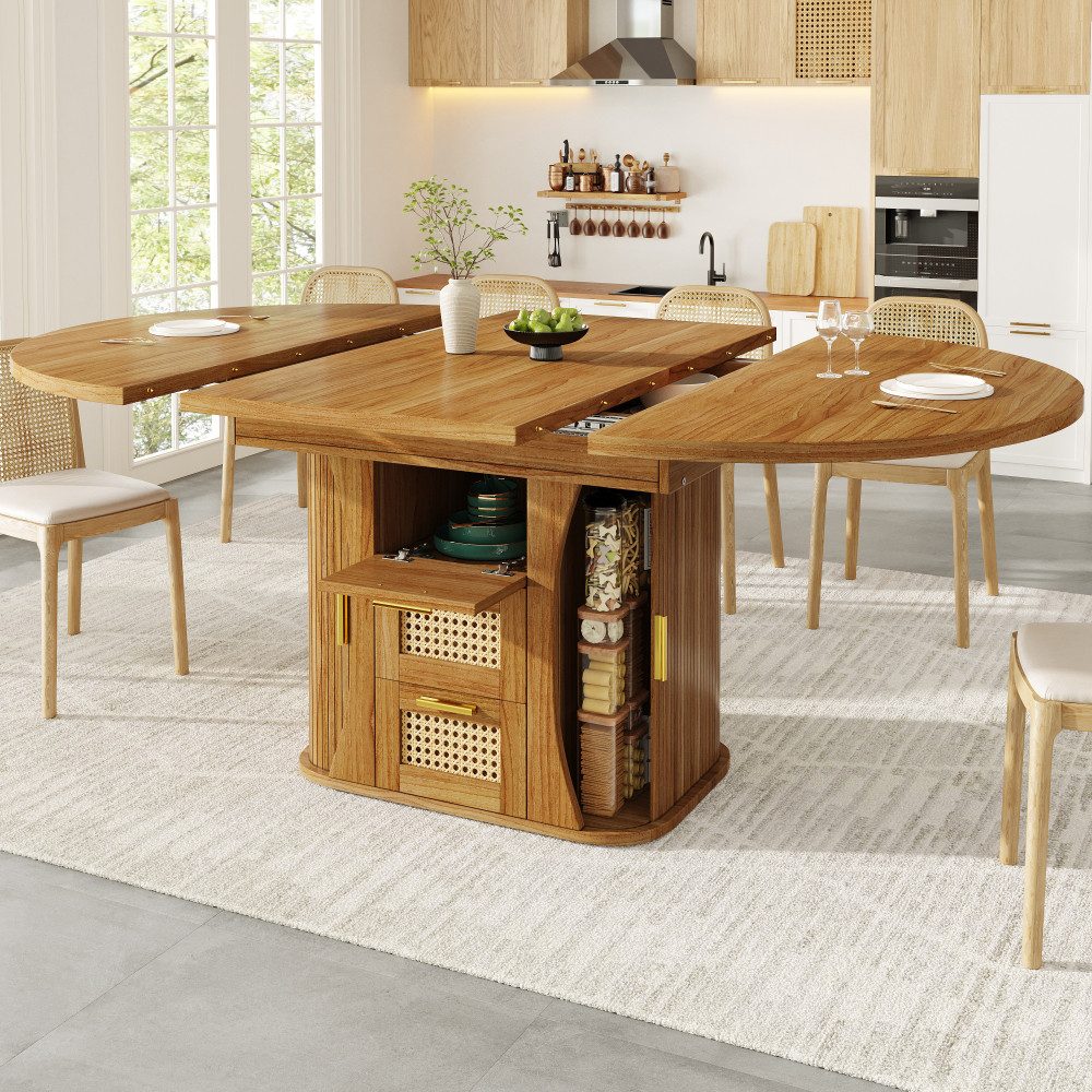 BBG Esstisch Ausziehbarer Esstisch 118–158 cm mit Stauraum, MDF in Holzoptik, Schubladen in Rattan-Optik, Küchentisch für 4–6 Personen