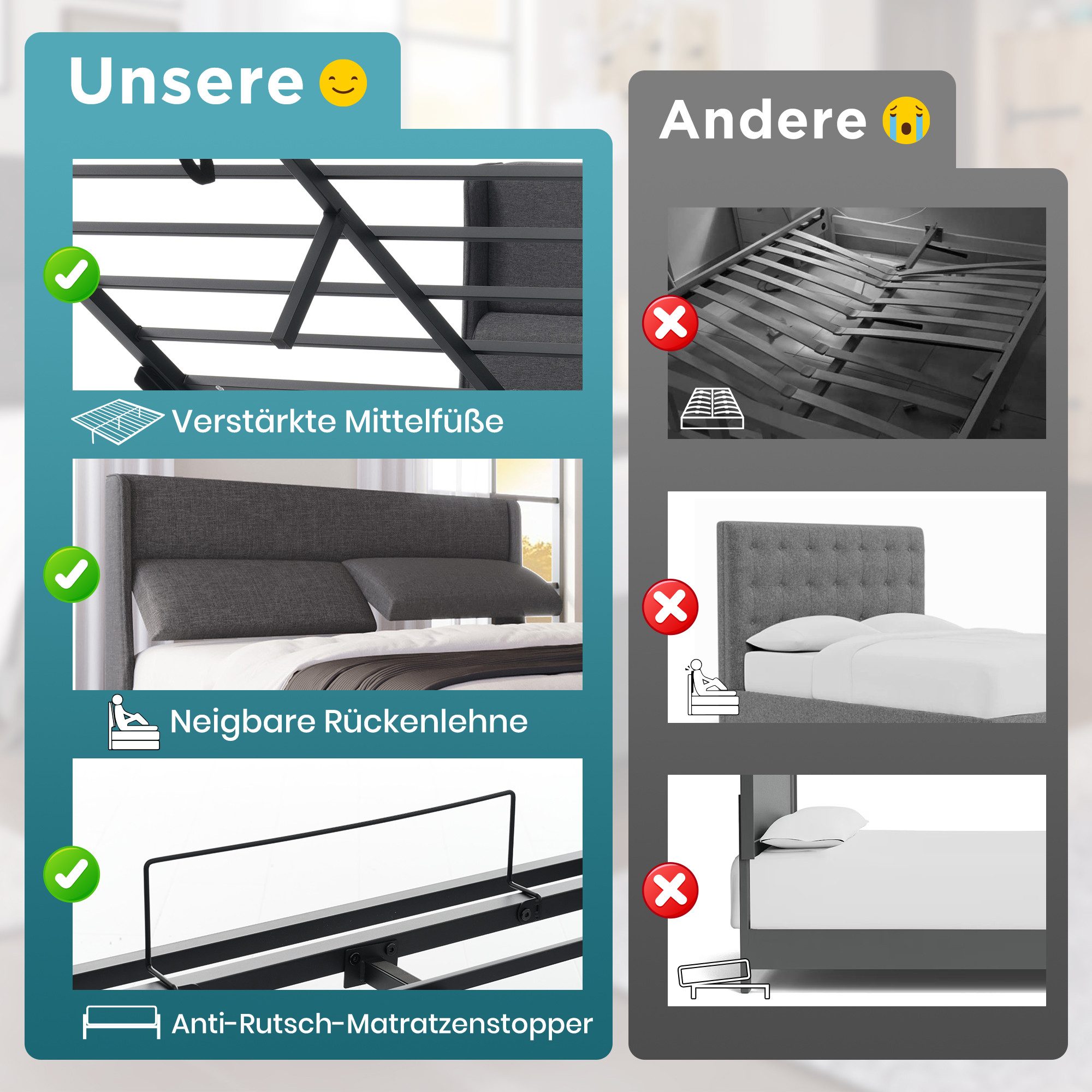 TavilaEcon Boxspringbett mit verstellbarem Kopfteil und Bettkasten – Doppelbett, Grau, aus Leinenmaterial mit Lattenrost, 180x200cm – Bild 5 von 5
