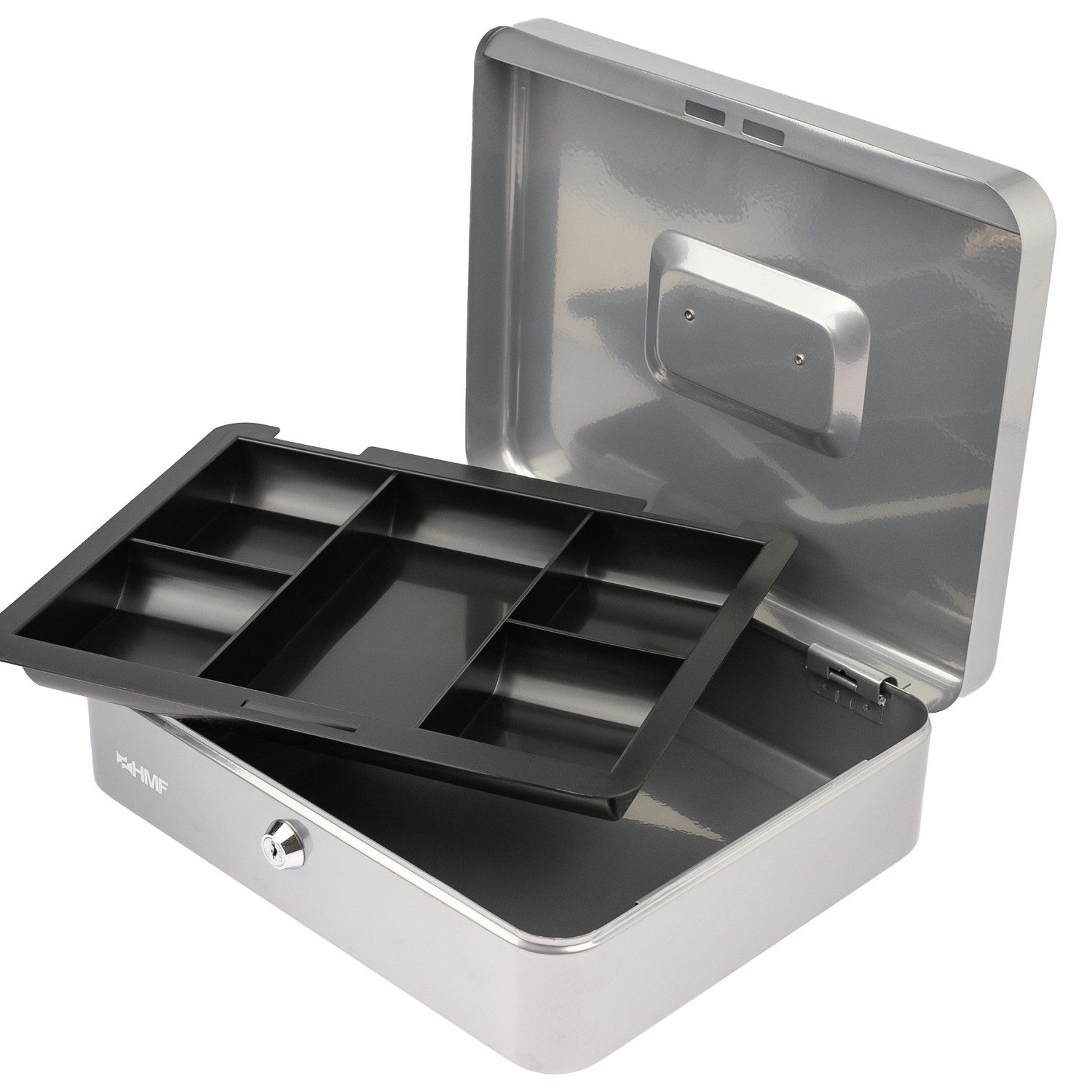 HMF Geldkassette Geldkassette abschließbar, Kasse mit Münzeinsatz, Geldkasse mit 5 Münzfächern 30 x 24 x 9 cm Silber