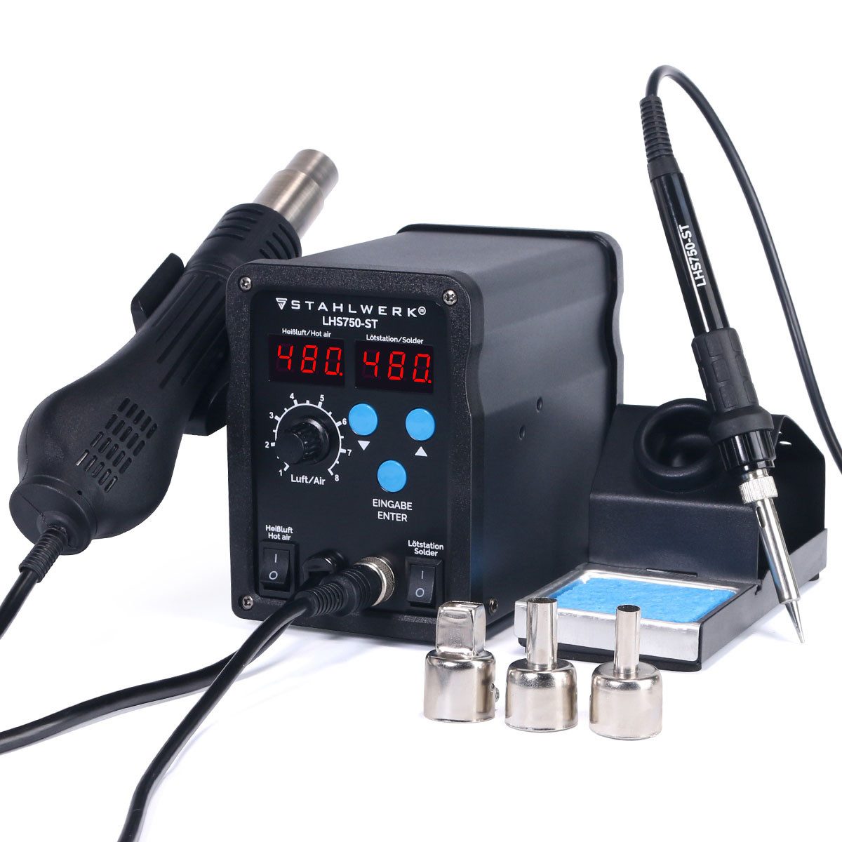 STAHLWERK Lötlampe LHS750-ST 2 in 1 Heißluft-Lötstation mit 750 Watt, max. 480 °C, max. 750 W, elektrisch, Set, 9-tlg., Vollausstattung, 2 in 1 Lötstation