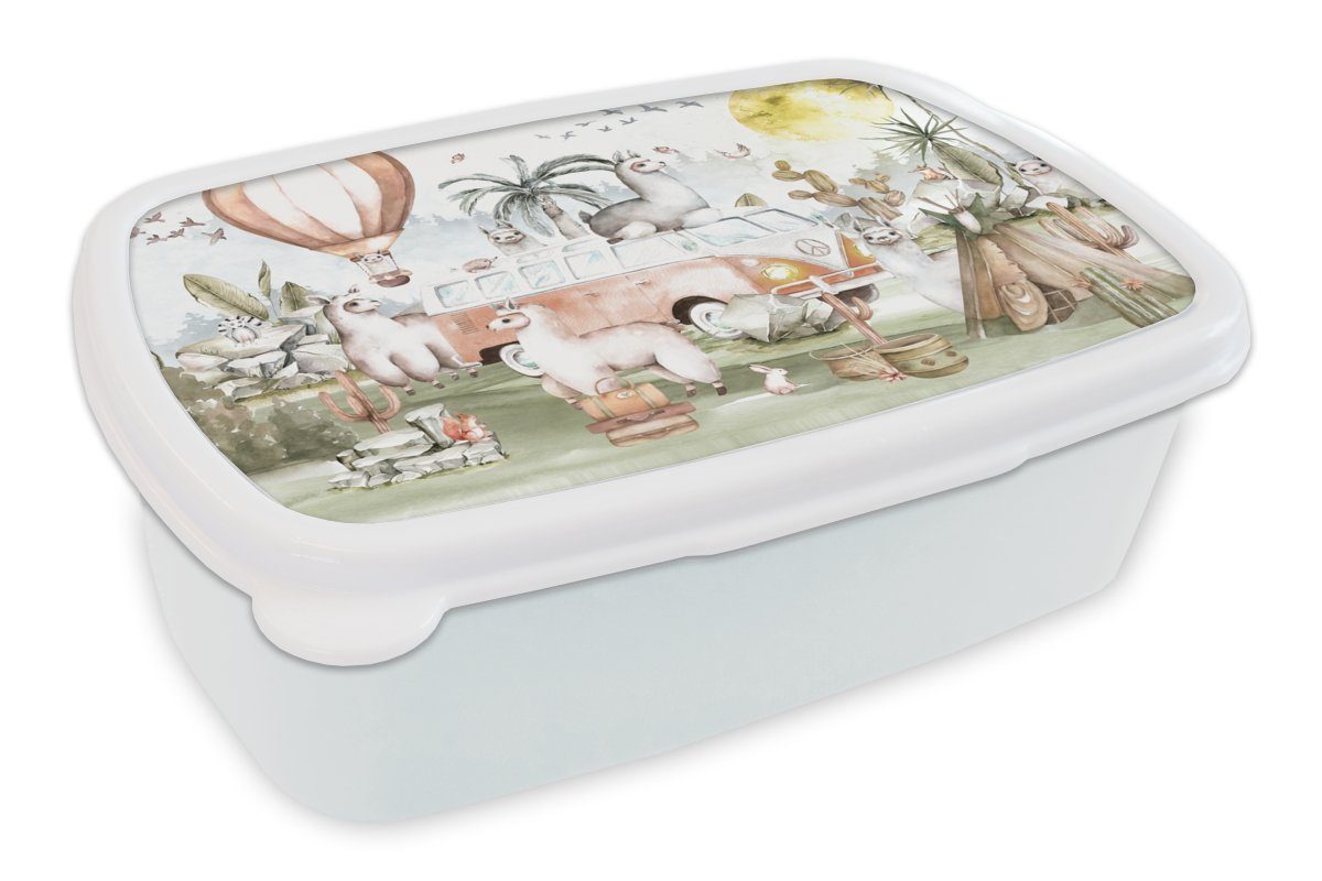 MuchoWow Lunchbox Alpaka - Tiere - Kinder - Heißluftballon - Kinder, Kunststoff, (2-tlg), Brotbox für Kinder und Erwachsene, Brotdose, für Jungs und Mädchen weiß