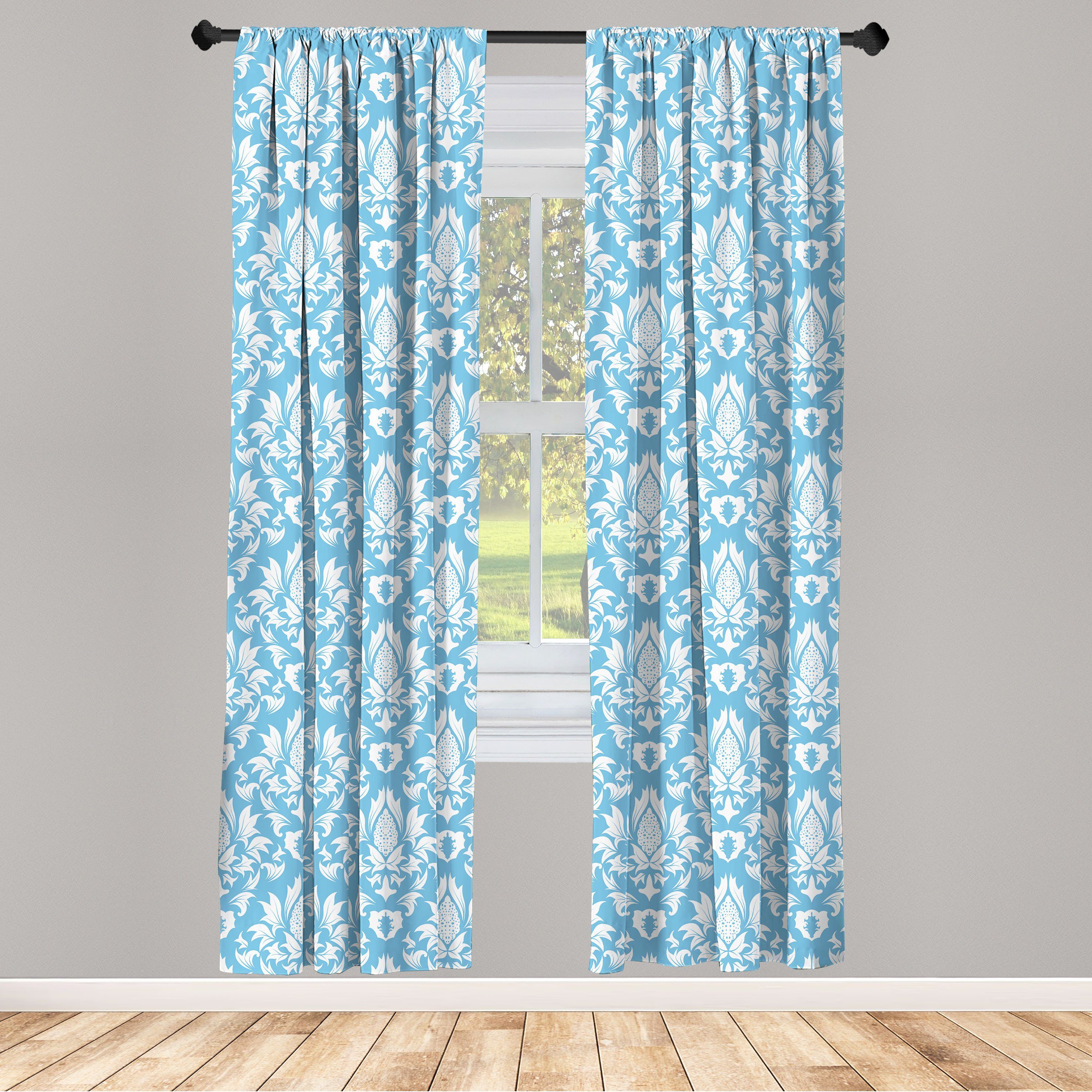 Gardine Vorhang für Wohnzimmer Schlafzimmer Dekor, Abakuhaus, Microfaser, Damast Blau Weiß Alten Garten
