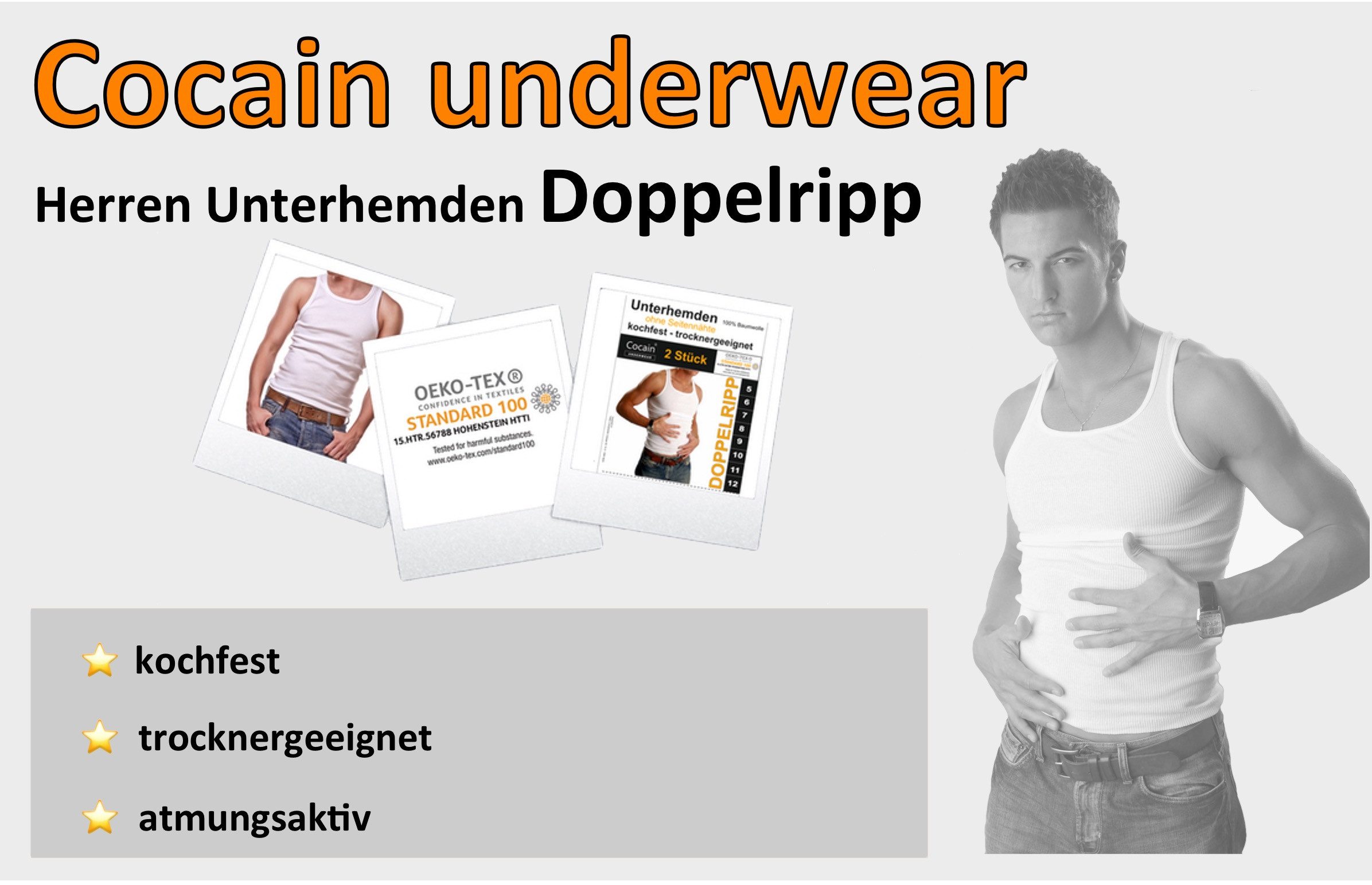 Cocain underwear Unterhemd Ripp Herren Unterhemd weiss Doppelripp grob gerippt 100% Baumwolle (Spar-Pack, 2-St) ohne Seitennähte - auch in Übergröße erhältlich, 100% Baumwolle