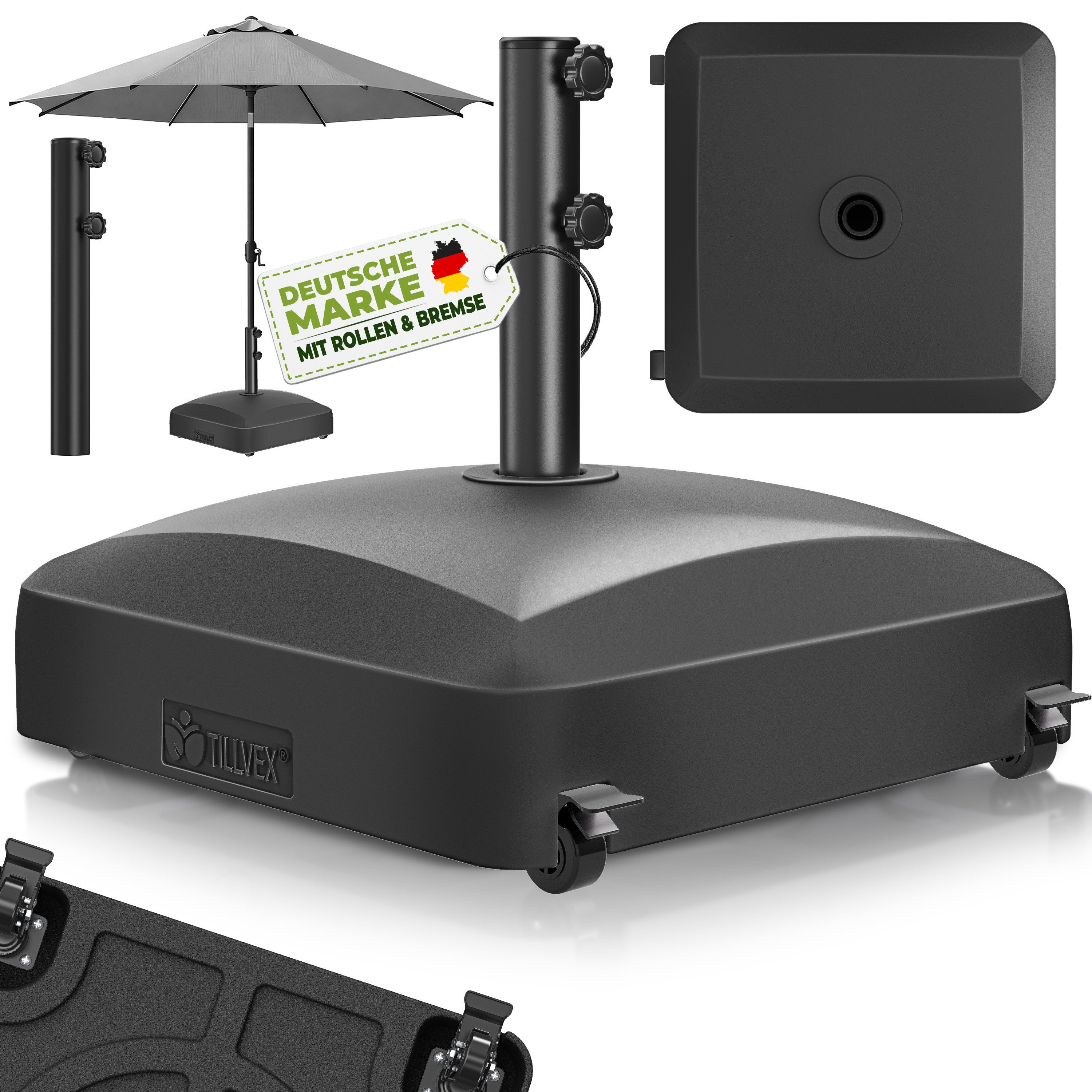 tillvex Sonnenschirm Sonnenschirmständer PAVERA mit Rollen & Bremsen Schirmständer rollbar, befüllbar 37L/56kg Schirmgewicht Sonnenschirm & Marktschirm Ø1,8-3,7m