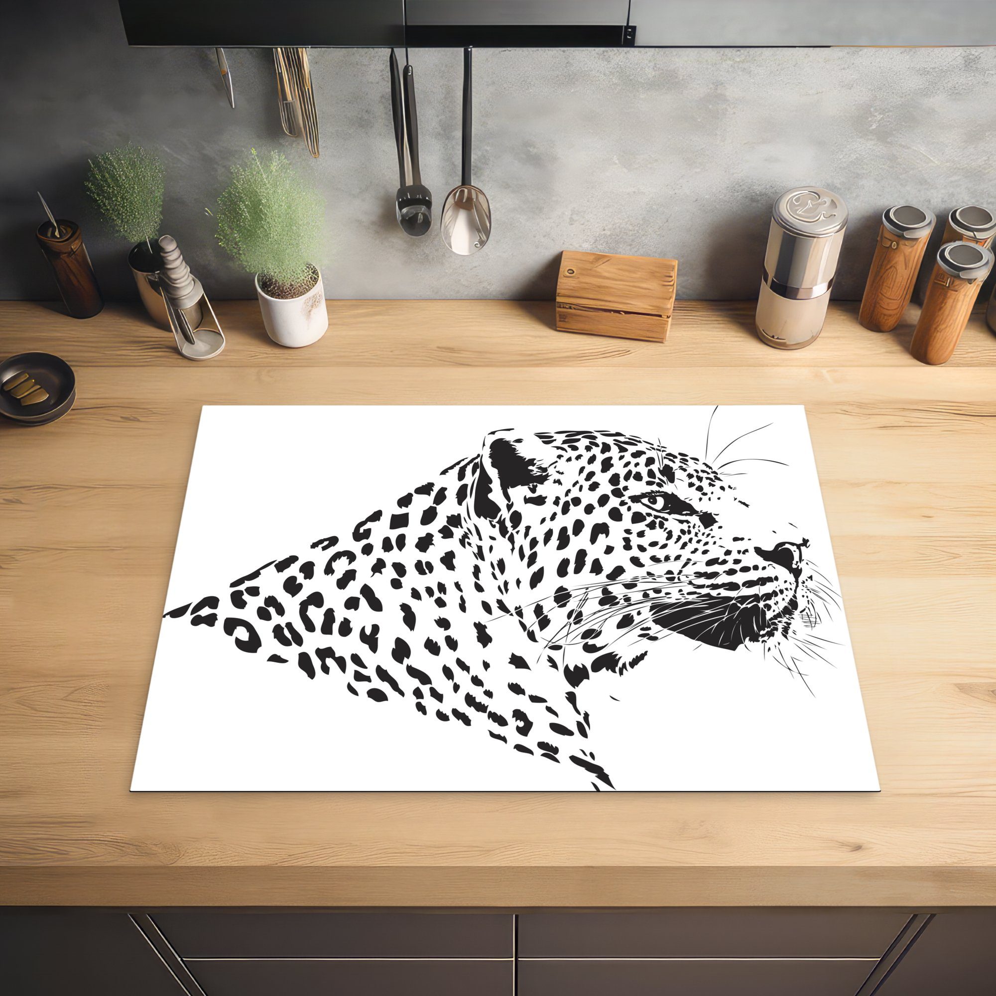 Illustration Eine Arbeitsfläche der Leoparden, Seite Vinyl, tlg), Herdblende-/Abdeckplatte cm, eines (1 nutzbar, Ceranfeldabdeckung 70x52 Mobile MuchoWow
