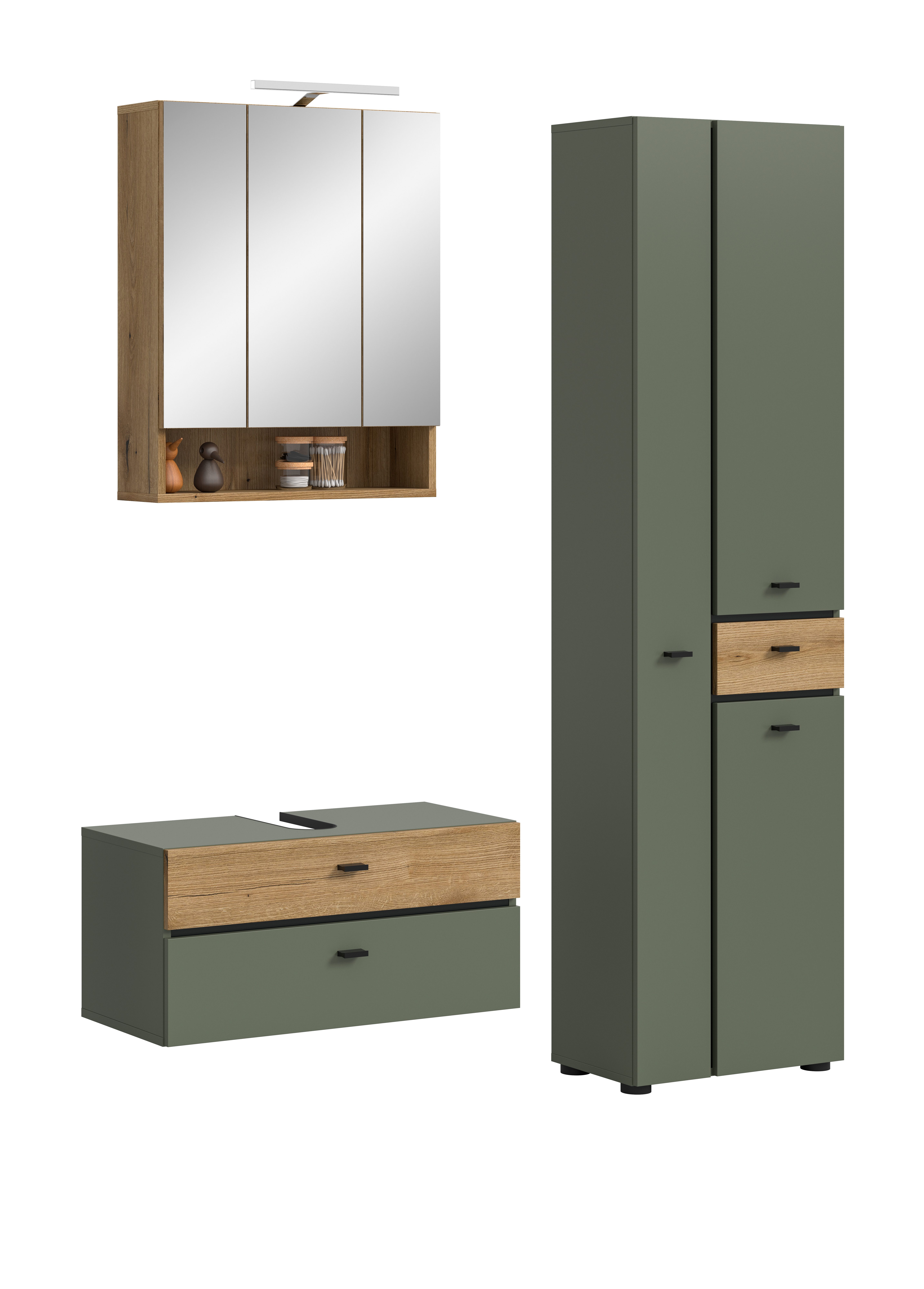 furnling Badmöbel-Set inkl. Beleuchtung, (3-St., aus Hochschrank, Spiegelschrank inkl. Bel., WBU), pflegeleichte MDF Front, mit Siphon-Ausschnitt, Breite 141 cm