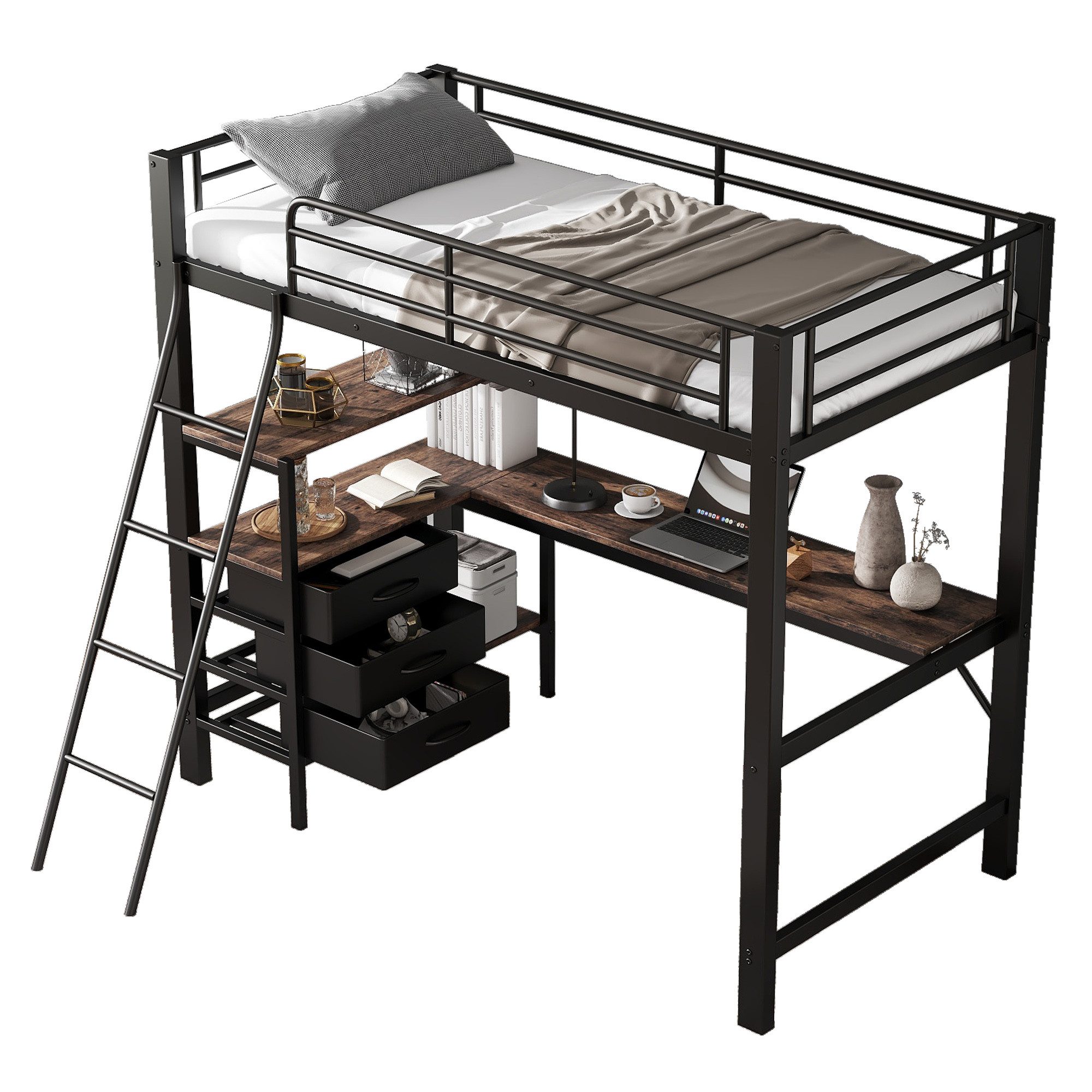 SOFTWEARY Hochbett mit Schreibtisch und Stauraum (90x200 cm) Metallbett mit Rausfallschutz, Jugendbett