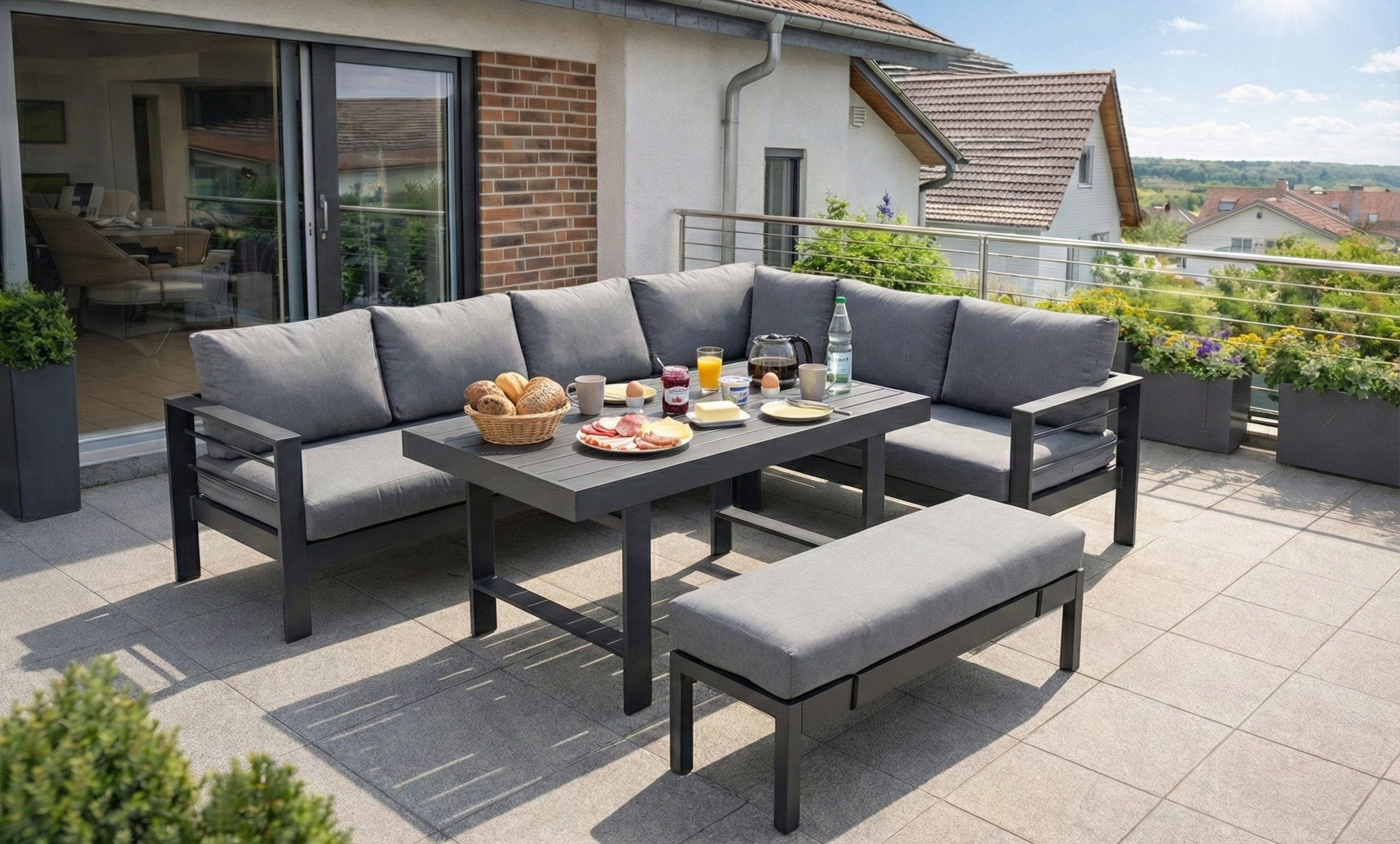 MeXo Gartenlounge-Set XXL Gartenmöbel Set Aluminium für 6-8 Personen, (Dining Loungeset Outdoor, 5-tlg., mit 12 cm dicken Sitzkissen, pflegeleichte Polywood-Tischplatte), wetterfeste Ecklounge mit Esstisch