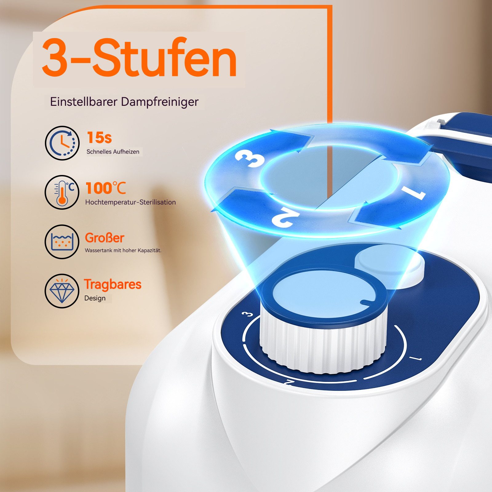 muvano Handdampfreiniger 3-stufig einstellbarer dampfreiniger handgerät,15 Sekunden Aufheizzeit, 1500 W, 1600ml großer Tank Handdampfreiniger,für Haushalt und Auto, Küche