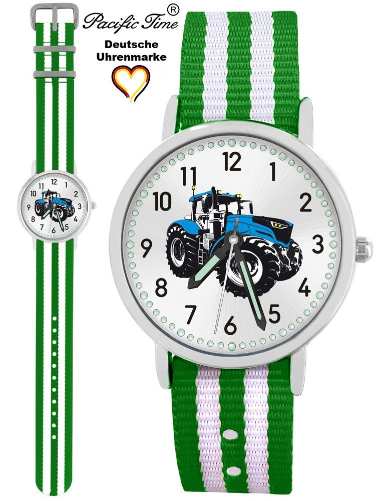Pacific Time Quarzuhr Kinder Armbanduhr Traktor blau Wechselarmband, Mix und Match Design - Gratis Versand grün weiß gestreift