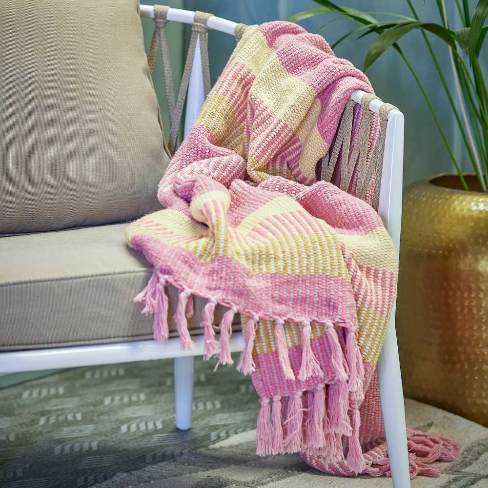 Wohndecke Bloomingville Decke ISNEL Pink Gelb Gestreift 160x130 cm, Bloomingville