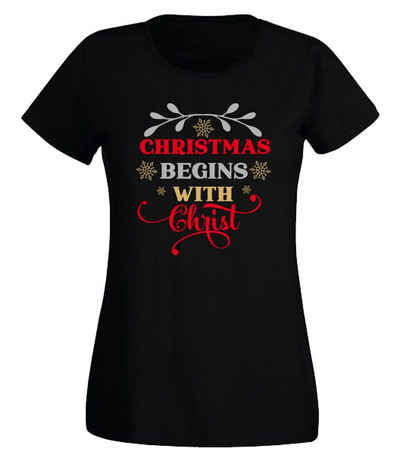 G-graphics T-Shirt Damen T-Shirt - Christmas begins with christ mit trendigem Frontprint, Slim-fit, Aufdruck auf der Vorderseite, Spruch/Sprüche/Print/Motiv, für jung & alt