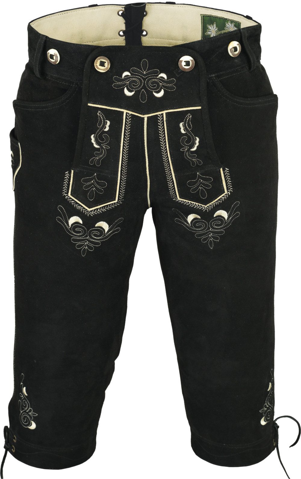 Fuente Leather Wears Trachtenlederhose für Herren, Kniebund Wildbock Leder, mit Träger und Stickerei Schwarz