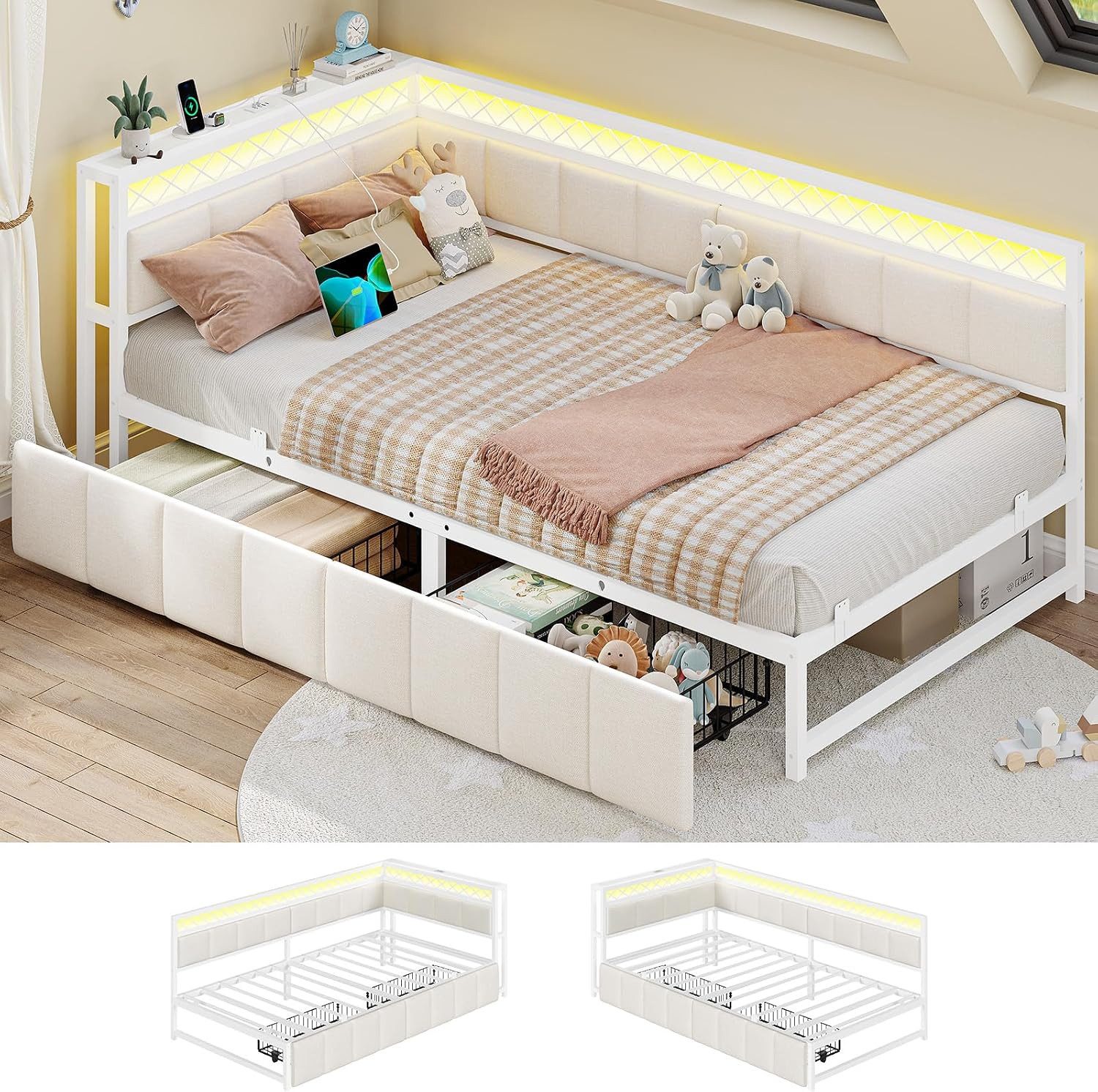 MSMASK Polsterbett mit LED-Beleuchtung und USB-Steckdosen, 90x200cm (1-tlg., Ohne Matratze), Schlafsofa, Jugendbett Tagesbett Daybett Kinderbett